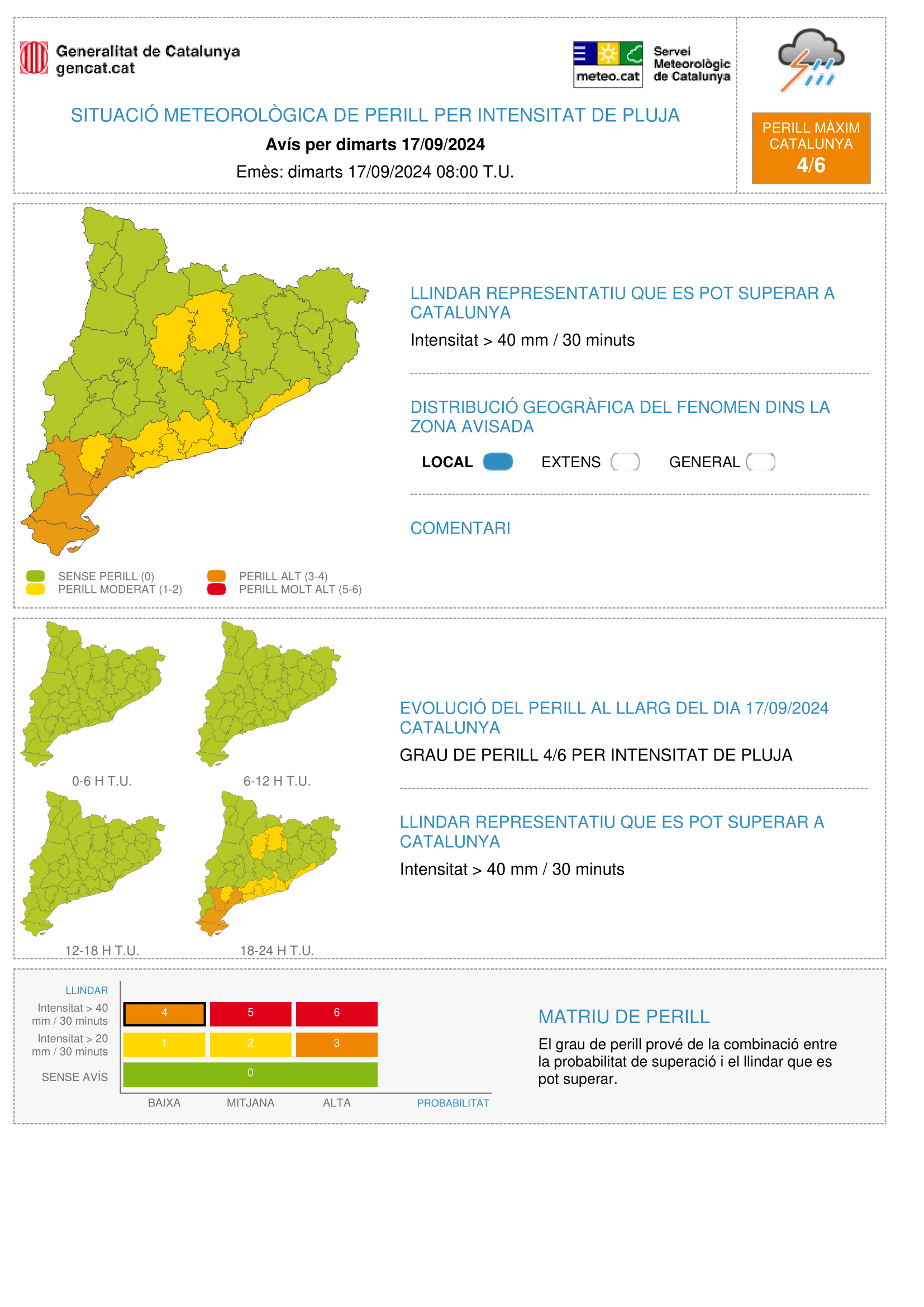 Mapa d'avisos per intensitat de pluja el 17 de setembre del 2024 a Catalunya