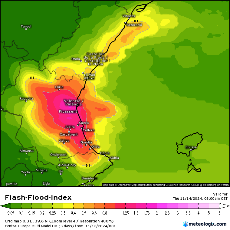 Index d'inundació sobtada a València el 13 de novembre del 2024