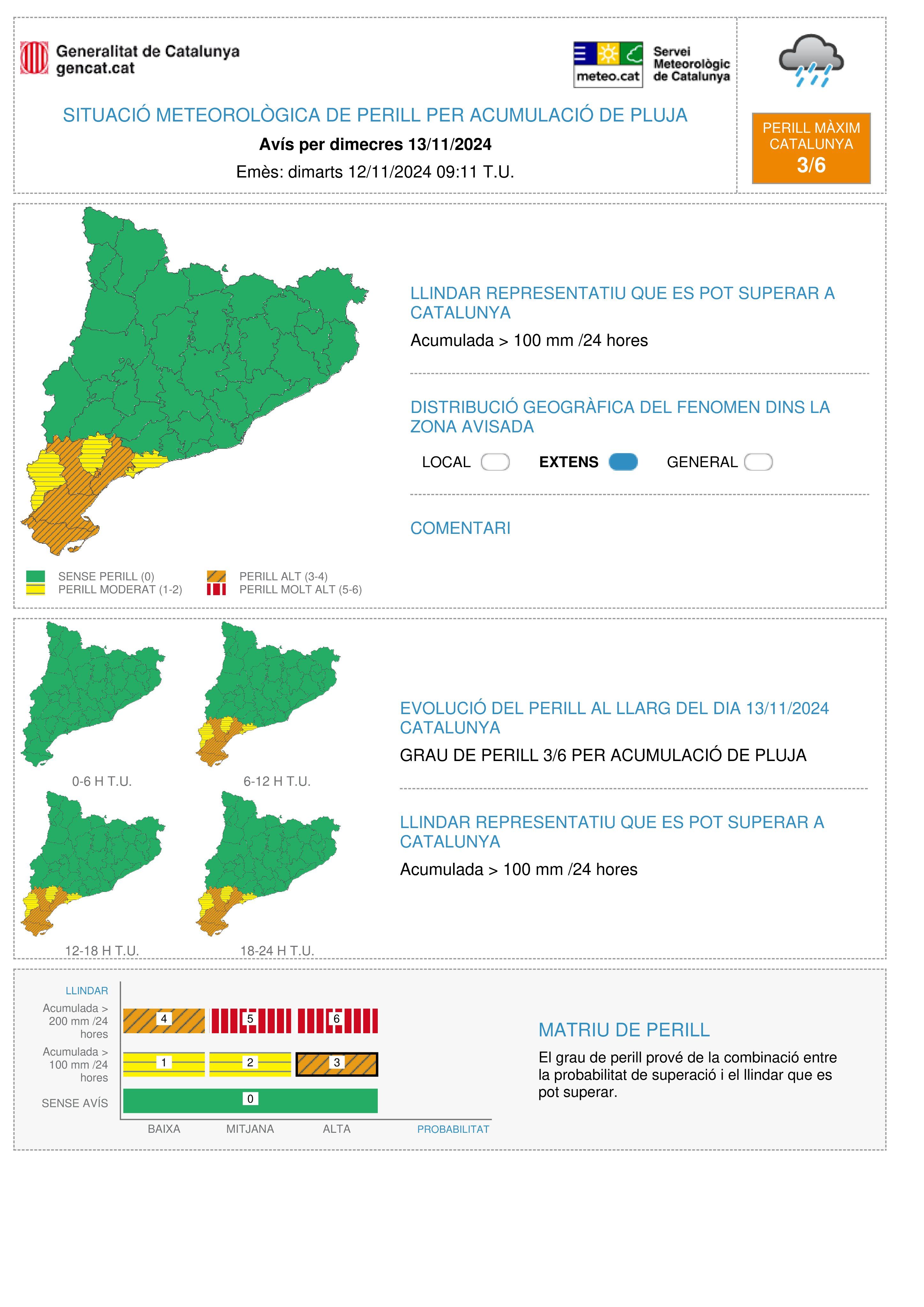 Avisos per acumulació d'aigua en 24 h per al 13-11-2024