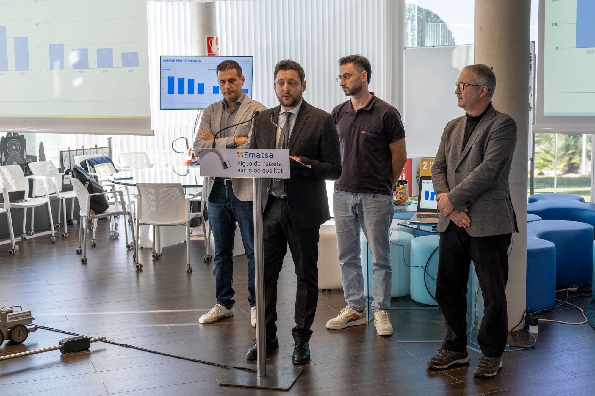 Ruben Viñuales, president d'Ematsa i alcalde de Tarragona; Dani Milan, director-gerent d'Ematsa; Jose Molina, responsable d'abastament i sanejament en baixa d'Ematsa; Genís Bellver, coordinador en control de plagues d'Ematsa