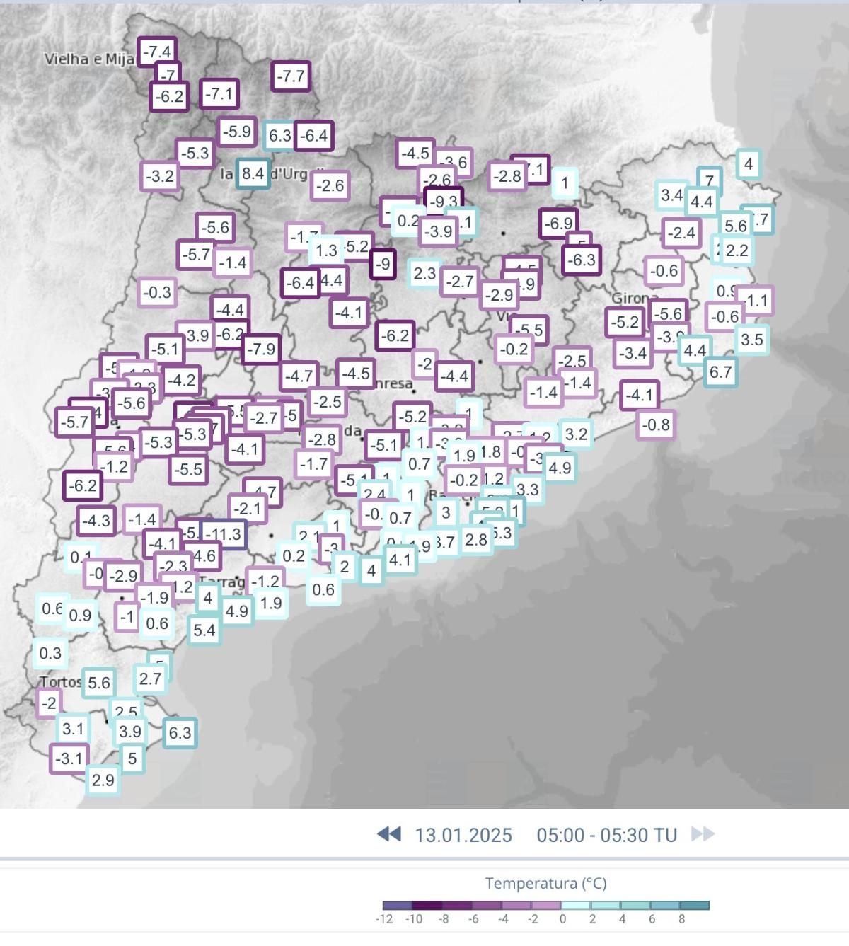 Mapa de temperatures mínimes el 13 de gener del 2025 a Catalunya