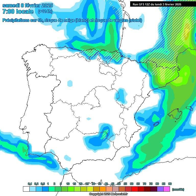 Mapa de precipitacions per dissabte, 8 de febrer