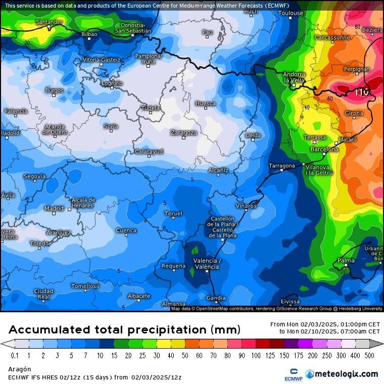 Precipitacions acumulades dissabte, 8 de febrer, segons ECMWF