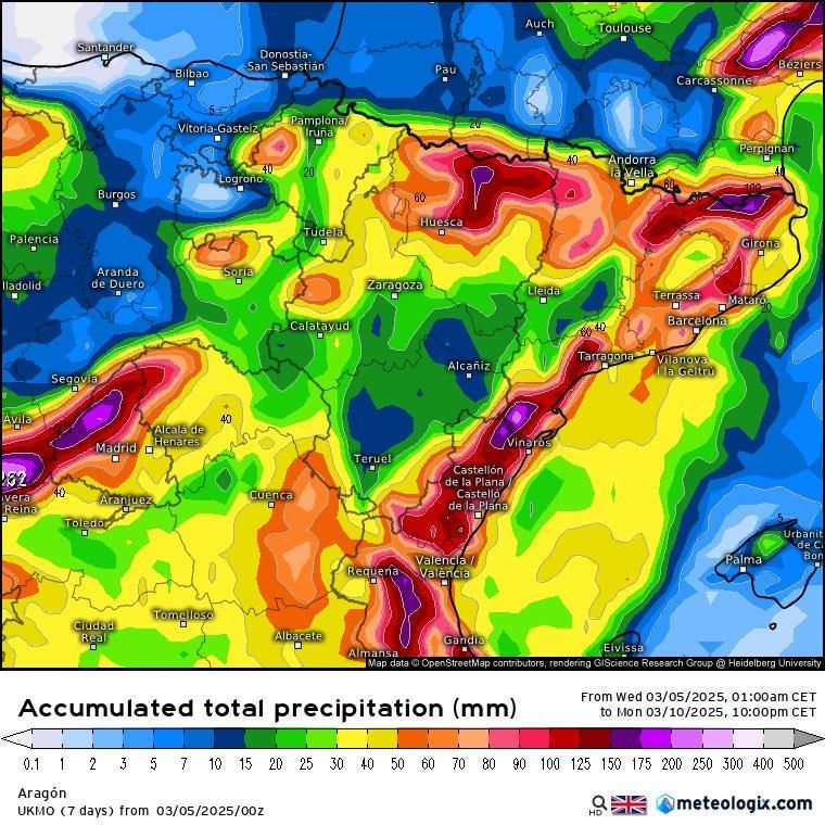 Mapa de pluja acumulada fins el 10 de març a Catalunya