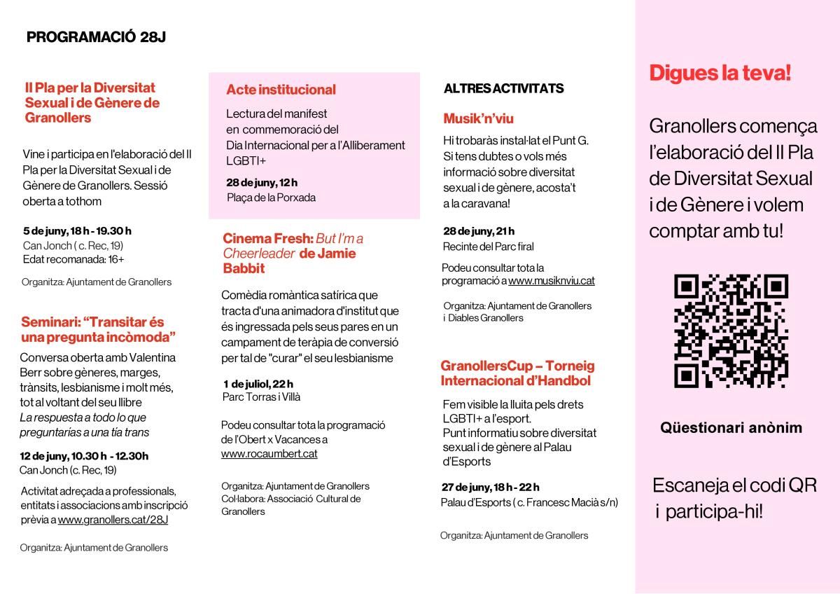 Programa de la sessió participativa per al II Pla Local de Diversitat Sexual i de Gènere de Granollers