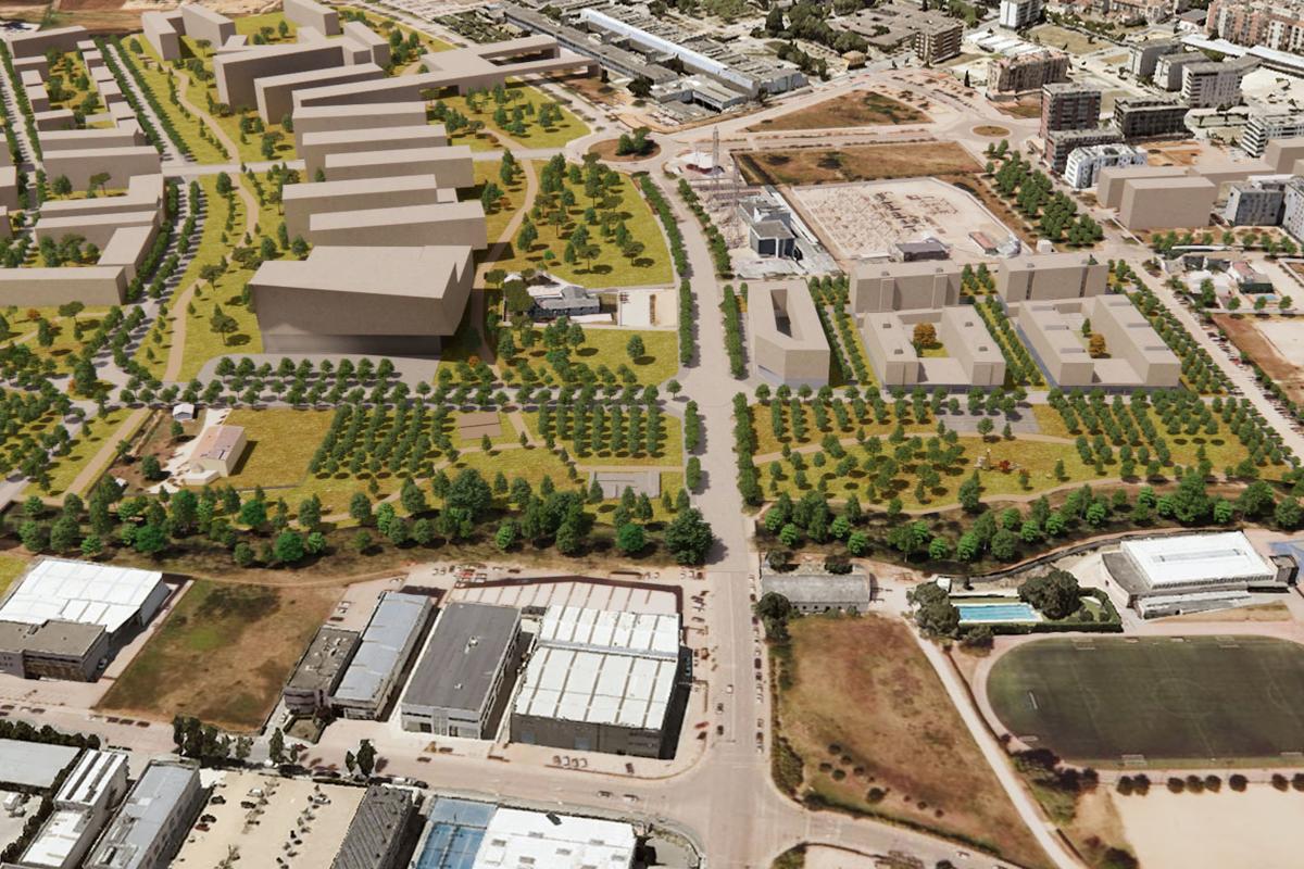 Render de la vista aèria est de l'entorn de Girona del Campus de Salut 1
