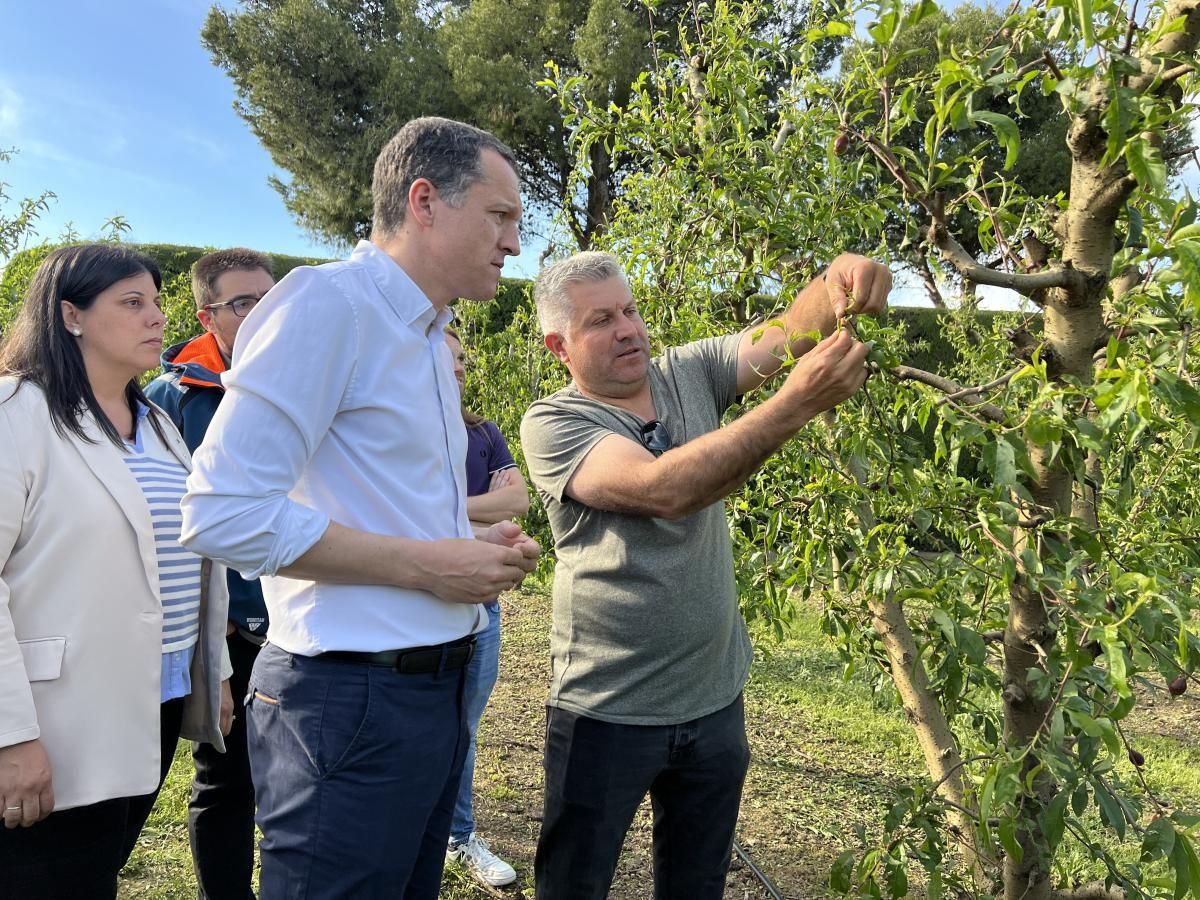 El conseller d'Agricultura, Òscar Ordeig, amb un pagès afectat per la pedregada durant la visita institucional en una finca d'Alcarràs