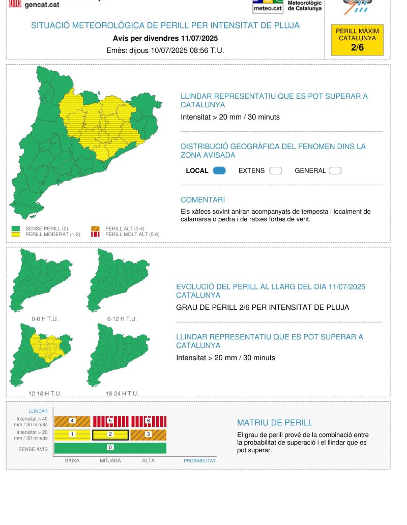 Avisos per intensitat de pluja el divendres 11 de juliol Avisos per intensitat de pluja el divendres 11 de juliol