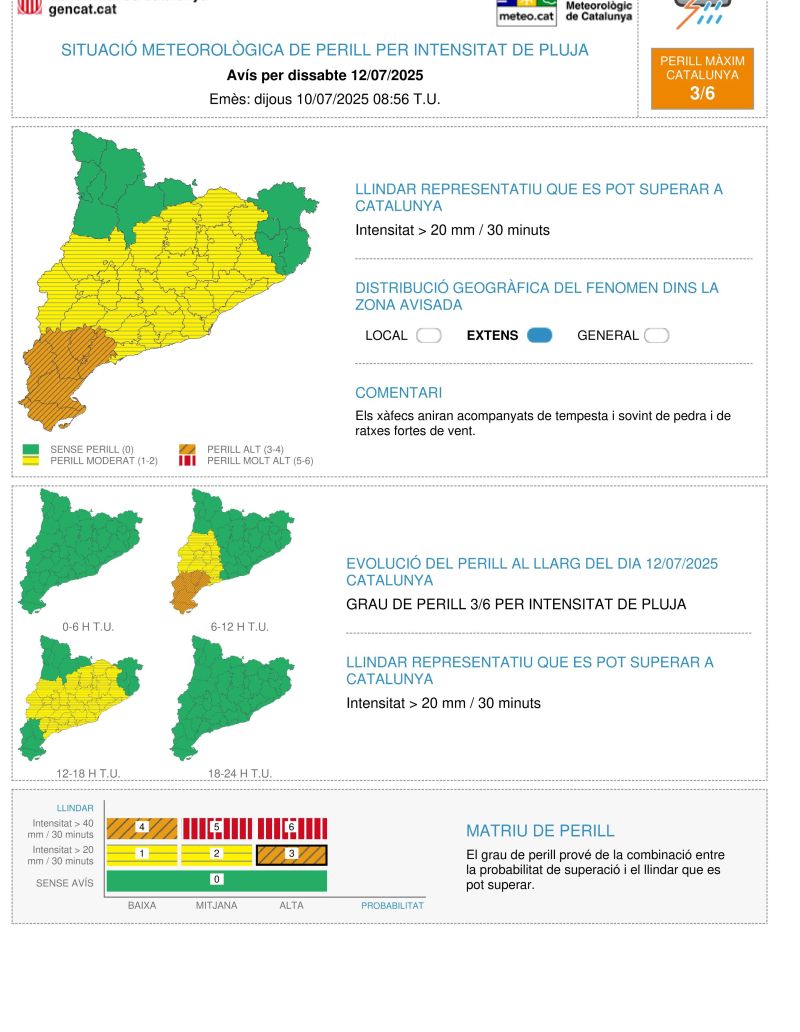 Avisos per intensitast de pluja dissabte 12 de juliol Avisos per intensitast de pluja dissabte 12 de juliol