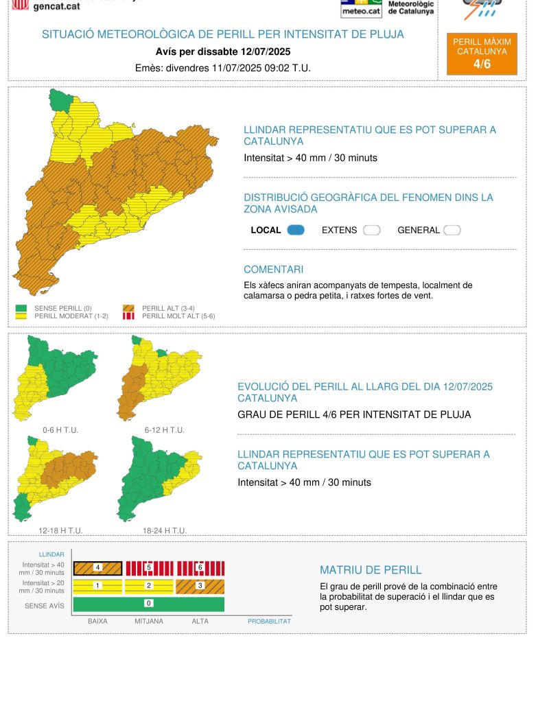 Avisos taronges per intensitat de pluges 12 de juliol del 2025 Avisos taronges per intensitat de pluges 12 de juliol del 2025