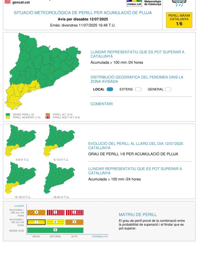 Avisos per acumulació de pluja de fins a 100 litres en 24 hores el 12 de juliol del 2025 Avisos per acumulació de pluja de fins a 100 litres en 24 hores el 12 de juliol del 2025