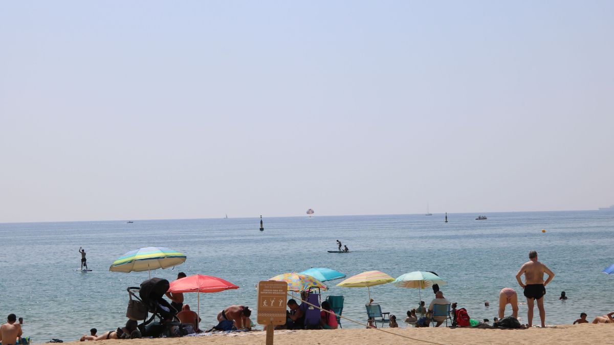 Persones prenent el sol, banyant se i pràcticant esports aquàtics a la platja del Bogatell de Barcelona