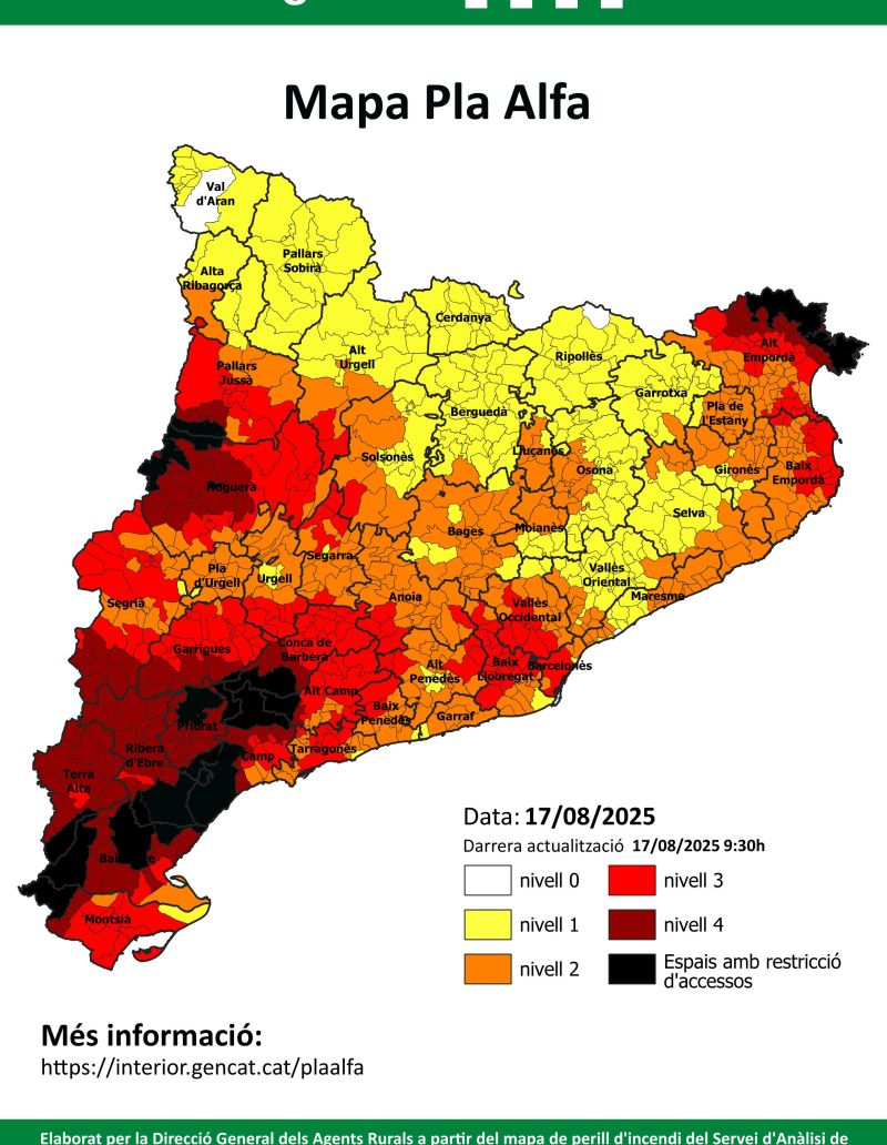 Mapa del Pla Alfa de perill d'incendis el 17 d'agost Mapa del Pla Alfa de perill d'incendis el 17 d'agost