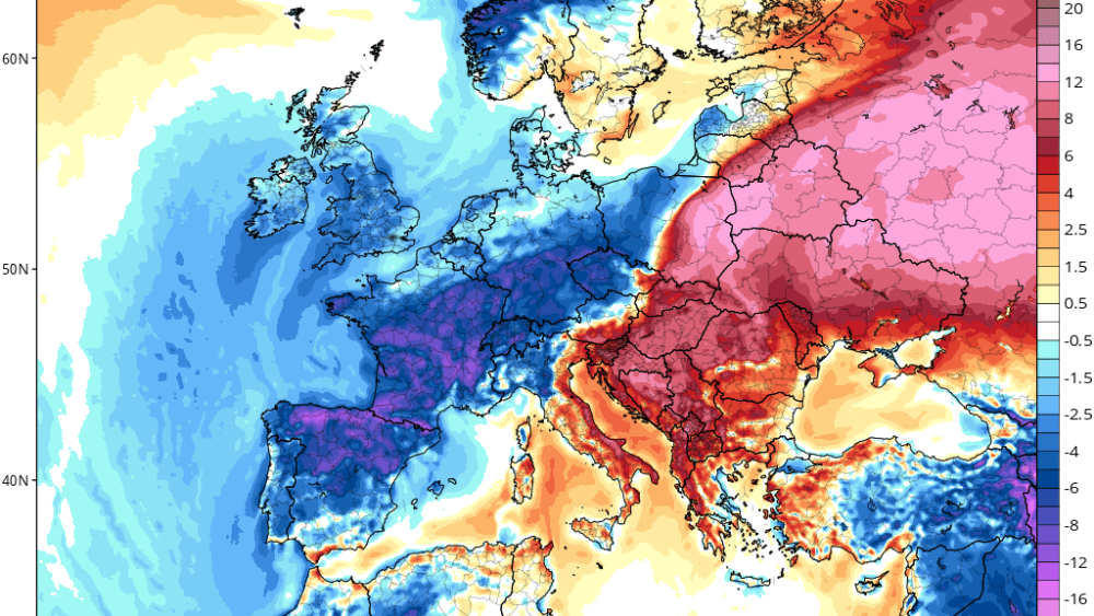 Anomalía de temperaturas previstas para el lunes, 22 de septiembre, según el modelo GFS Anomalía de temperaturas previstas para el lunes, 22 de septiembre, según el modelo GFS