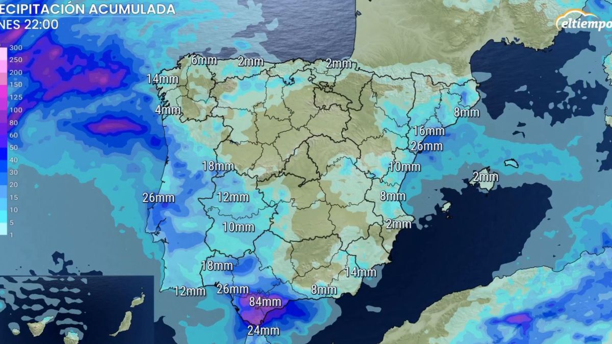 Previsió de pluja acumulada el diumenge 28 de setembre per l'exhuracà Gabrielle segons eltiempo.es