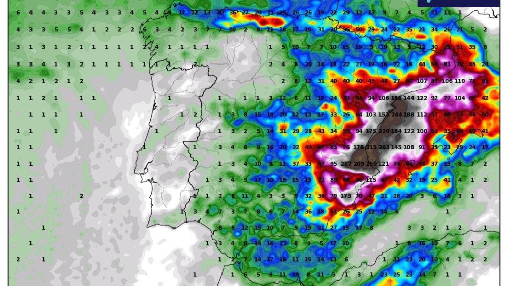 Mapa de precipitación acumulada hasta el 14 de octubre según el modelo ECMWF