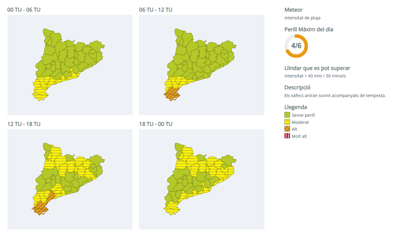 Mapa de avisos del Meteocat por intensidad de lluvia este 13 de octubre
