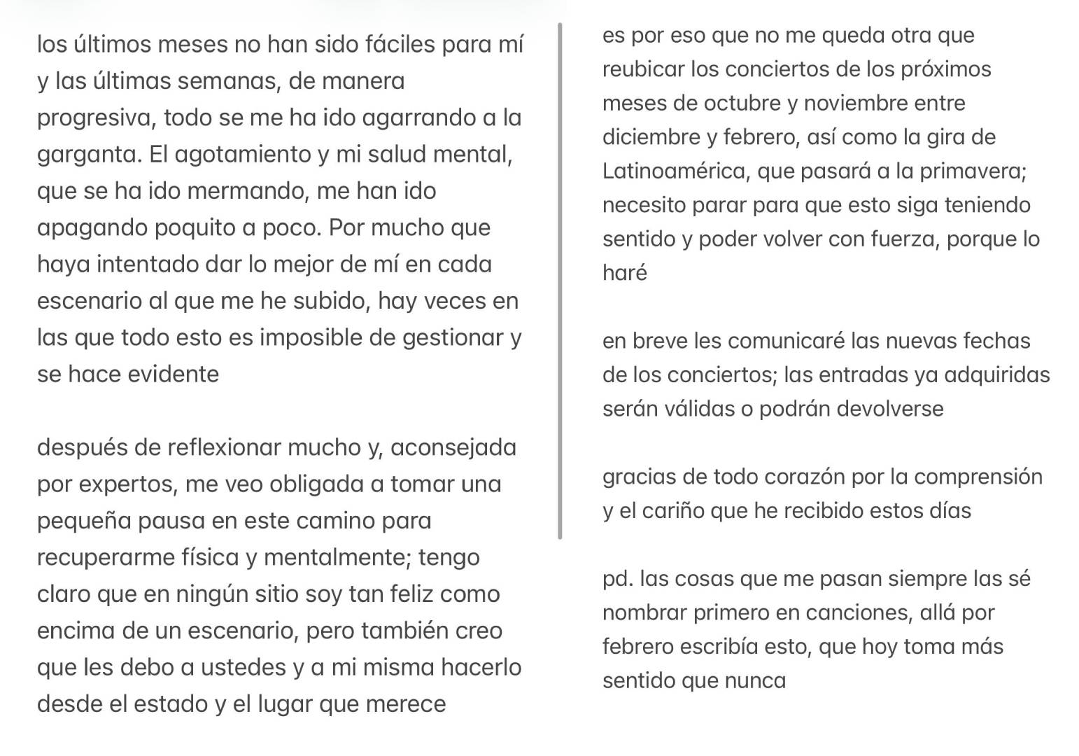 Comunicado de Valeria Castro después de su actuación en OT 2025 Comunicado de Valeria Castro después de su actuación en OT 2025