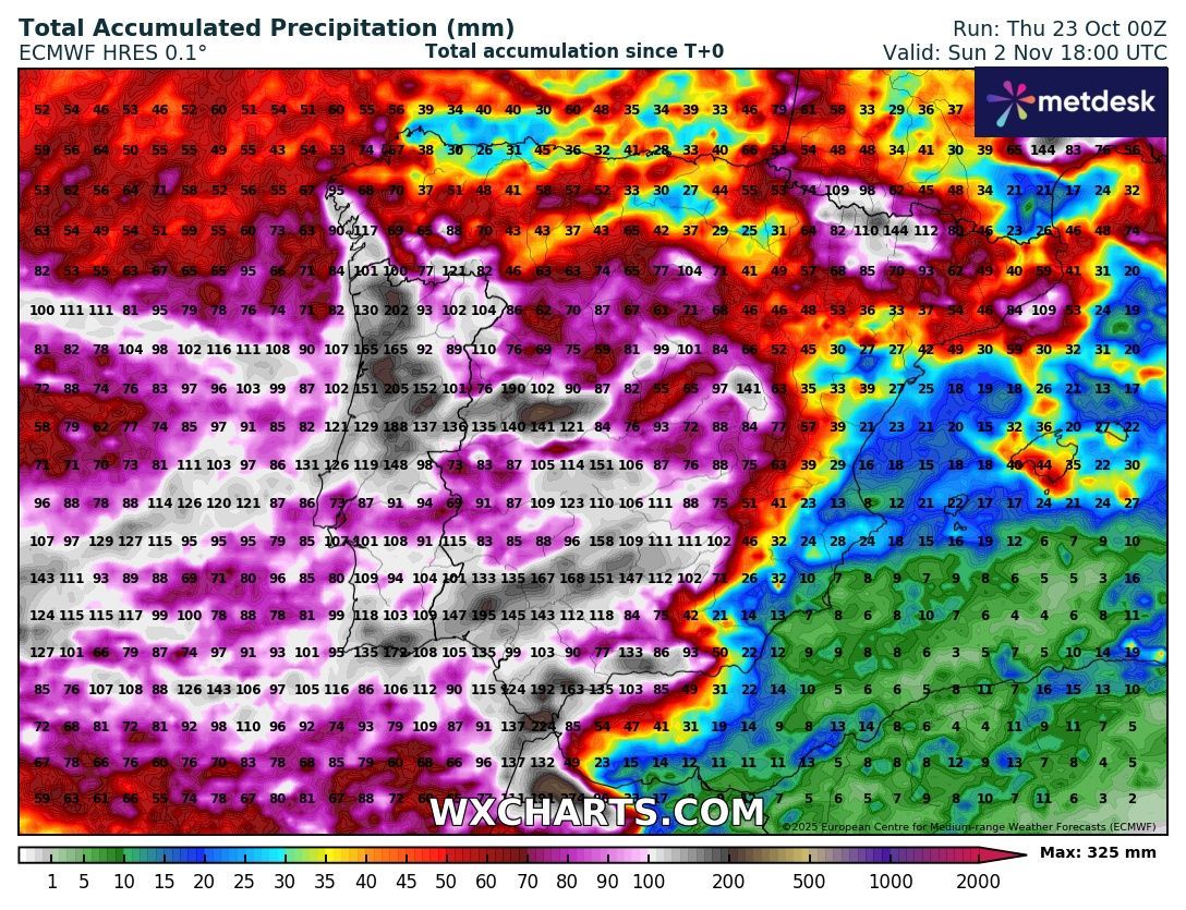 Mapa de precipitació acumulada entre el 29 d'octubre i fins al 6 de novembre Mapa de precipitació acumulada entre el 29 d'octubre i fins al 6 de novembre
