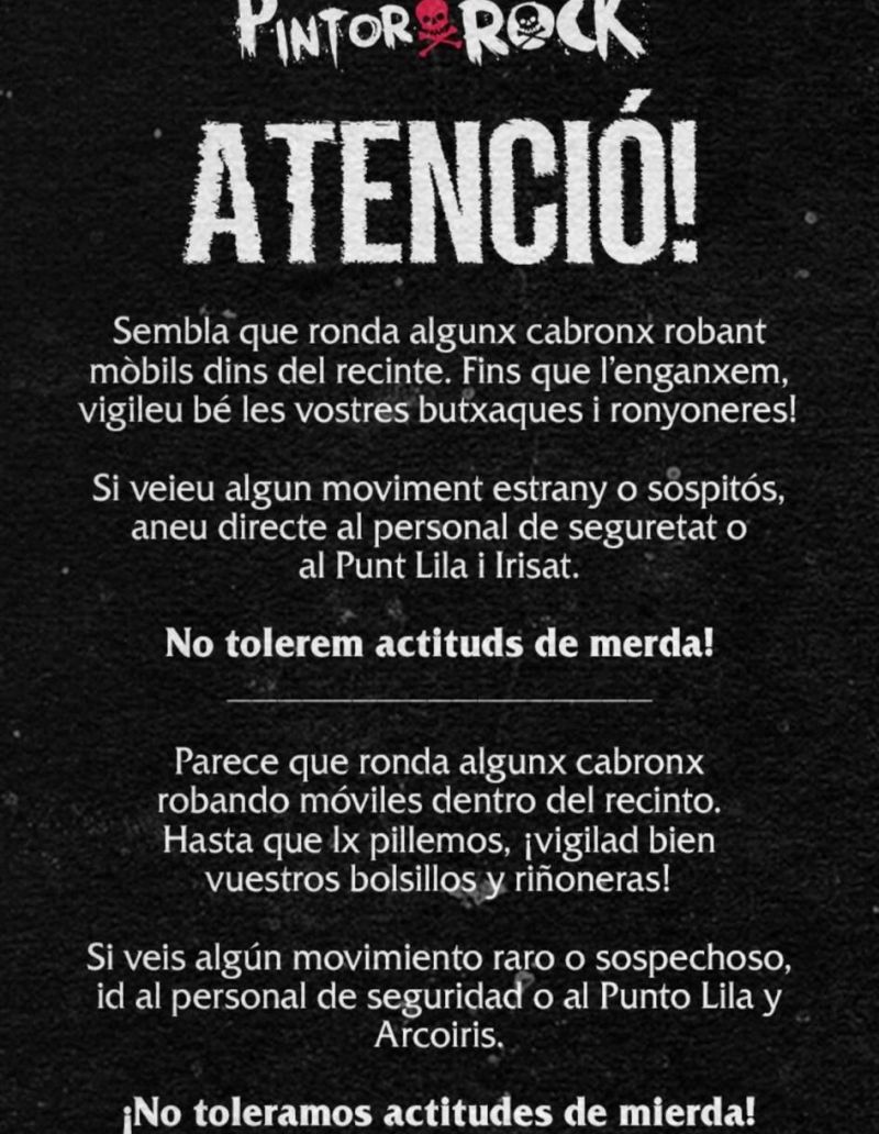 Comunicat sobre el robatori de mòbils al Pintor Rock Comunicat sobre el robatori de mòbils al Pintor Rock