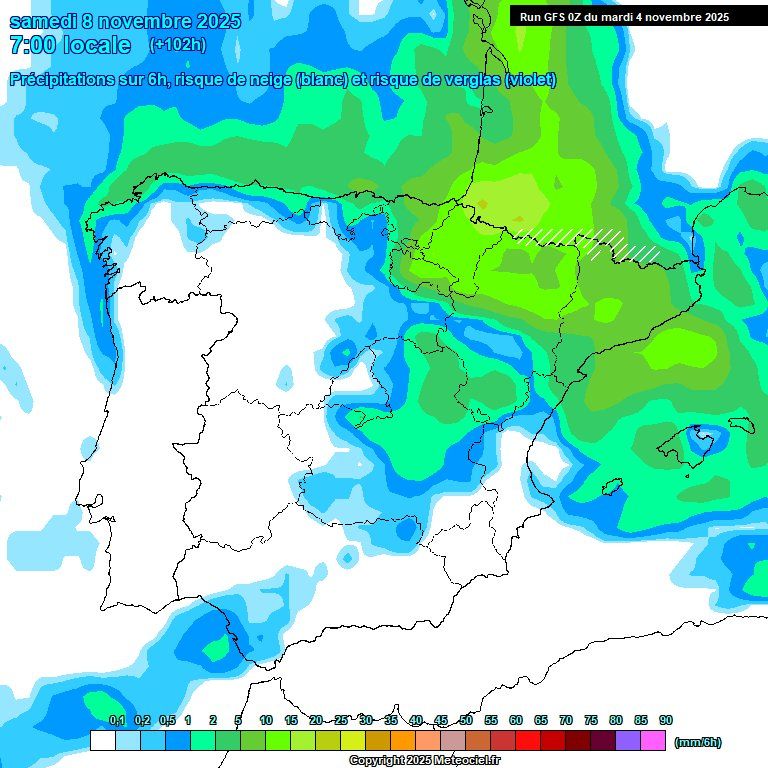 Mapa de previsió de precipitació acumulada a les 07 h del dijous, 6 de novembre, segons el model GFS