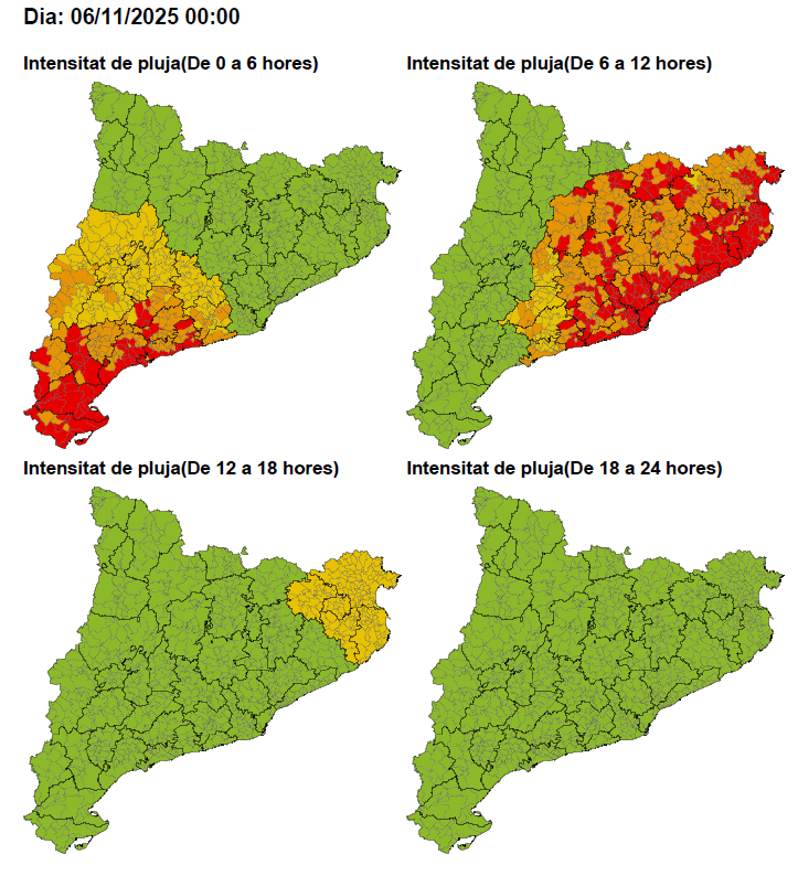 Mapes d'intensitat de pluja previstos per al 6 de novembre