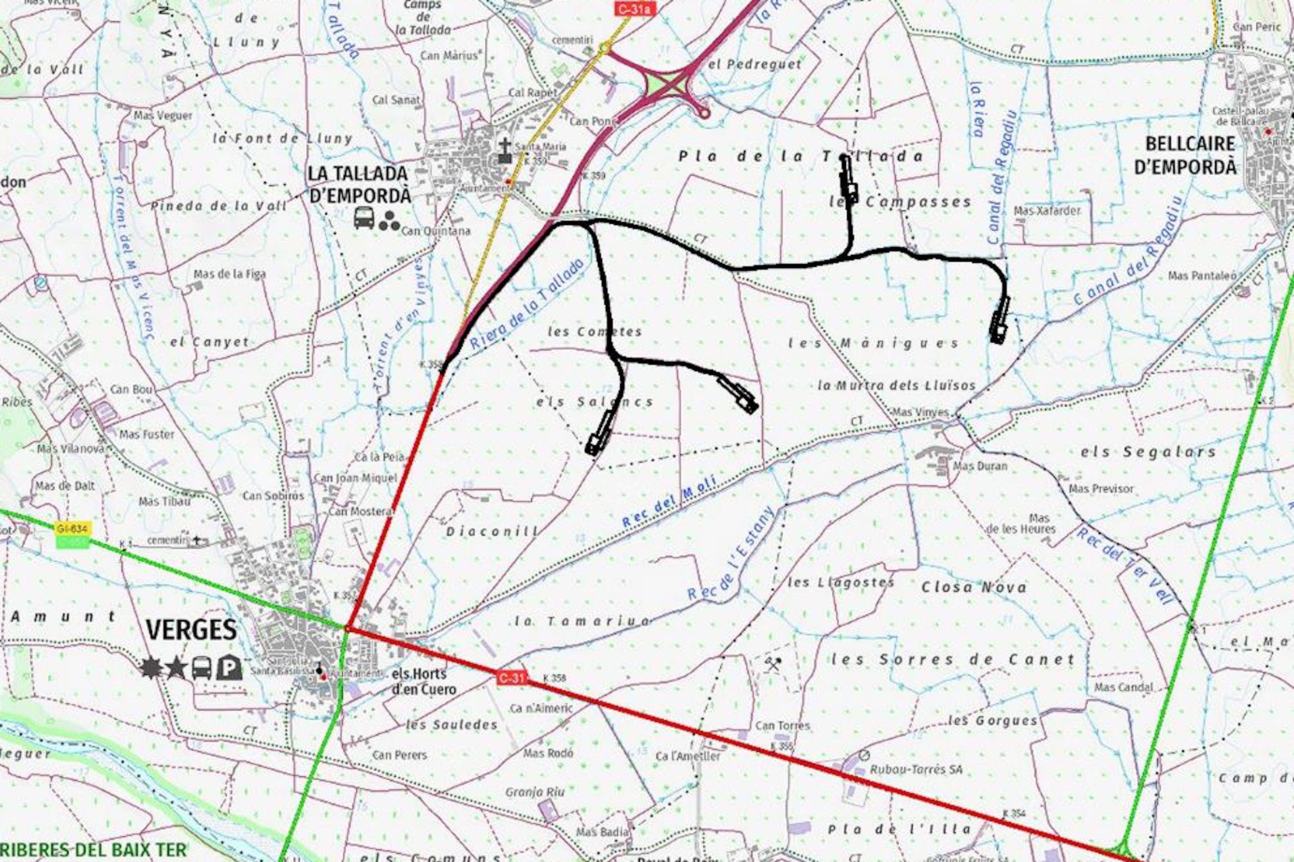 Mapa on se situarien els aerogeneradors, entre la Tallada, Verges i Bellcaire d'Empordà