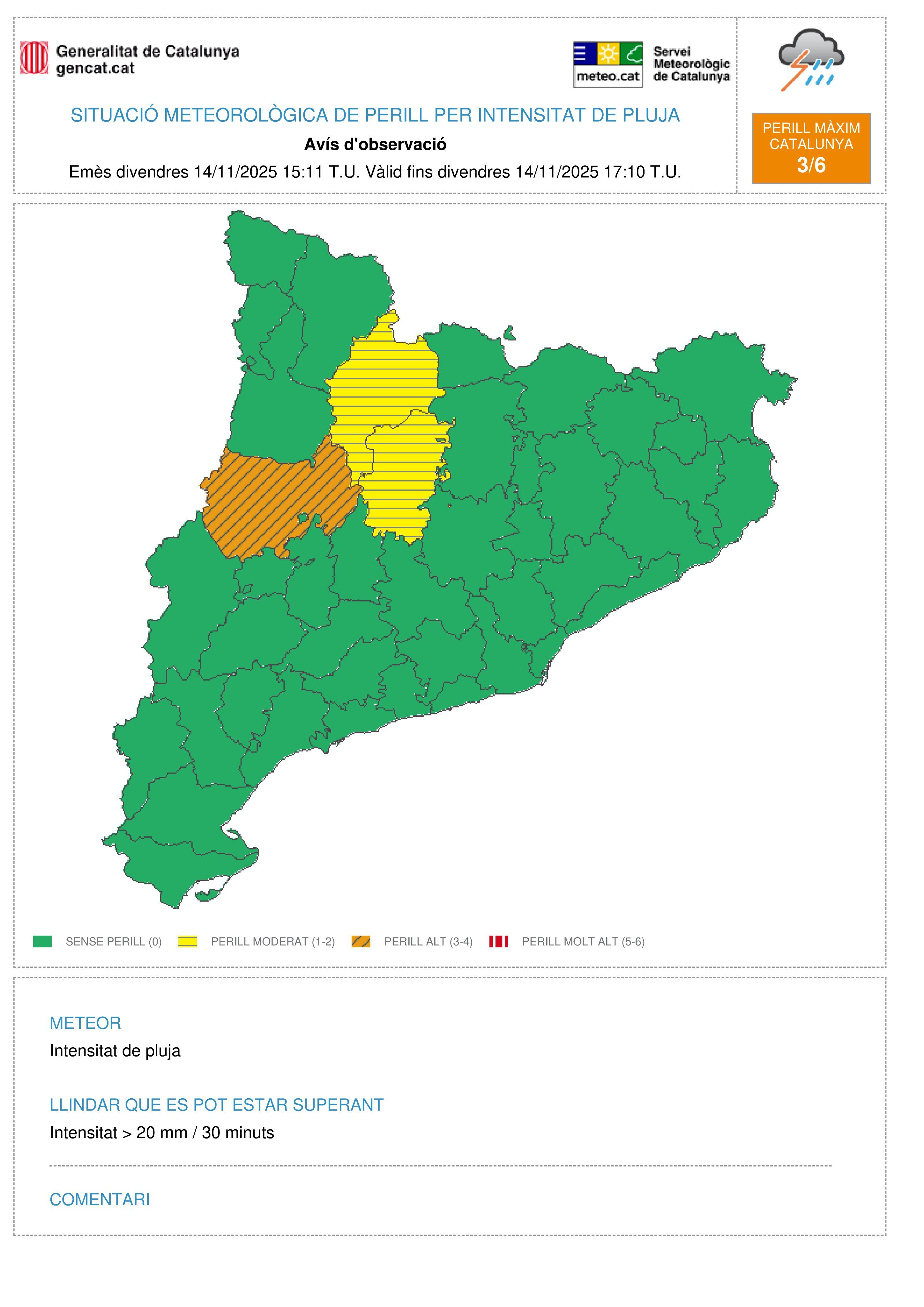 Avisos per observació de pluja el divendres 14 de novembre