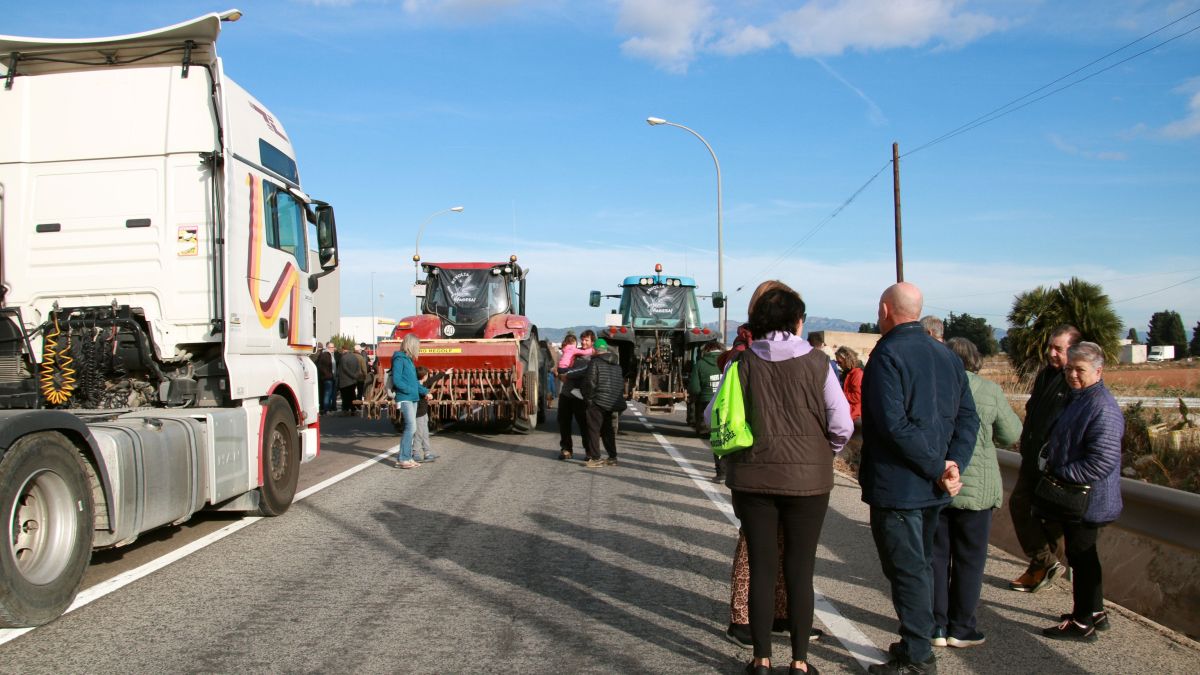 Desenes de persones participant en el tall fet a l'N 340 a l'altura d'Amposta per denunciar l'abandonament de les Terres de l'Ebre i reclamar mesures per millorar la gestió dels barrancs i incendis