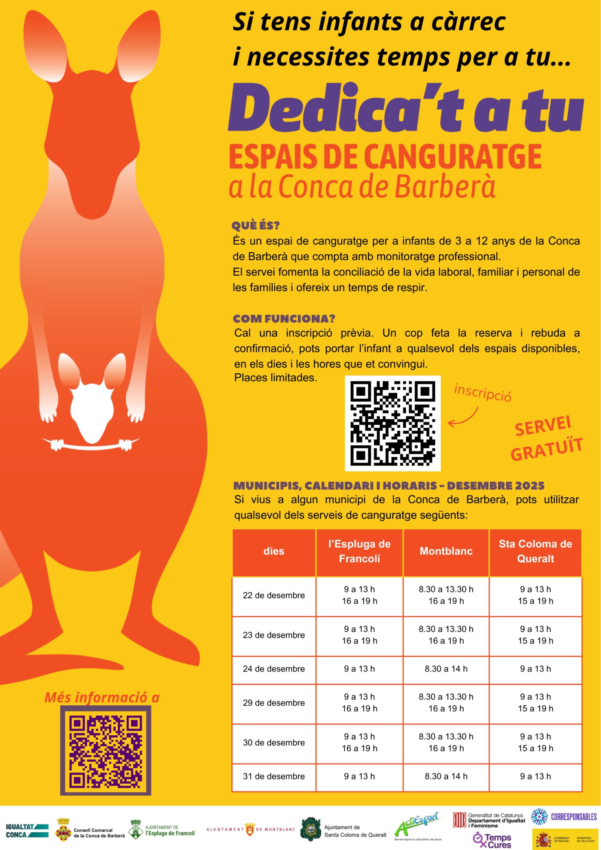 servei de canguratge gratuït “Dedica’t a tu” de la Conca de Barberà