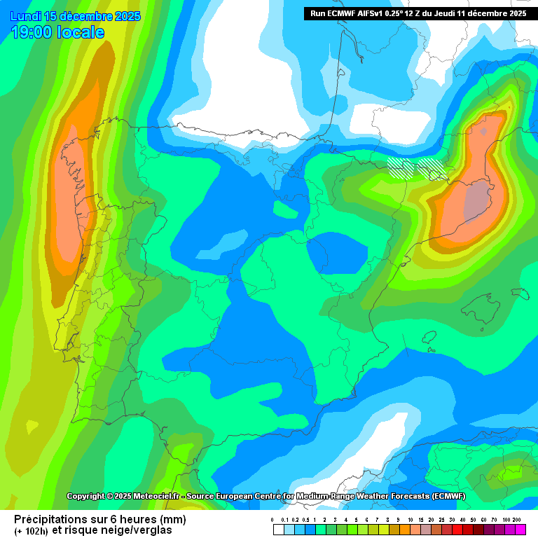 Mapa de previsió de pluja per al dilluns 15 de desembre segons el model ECMWF
