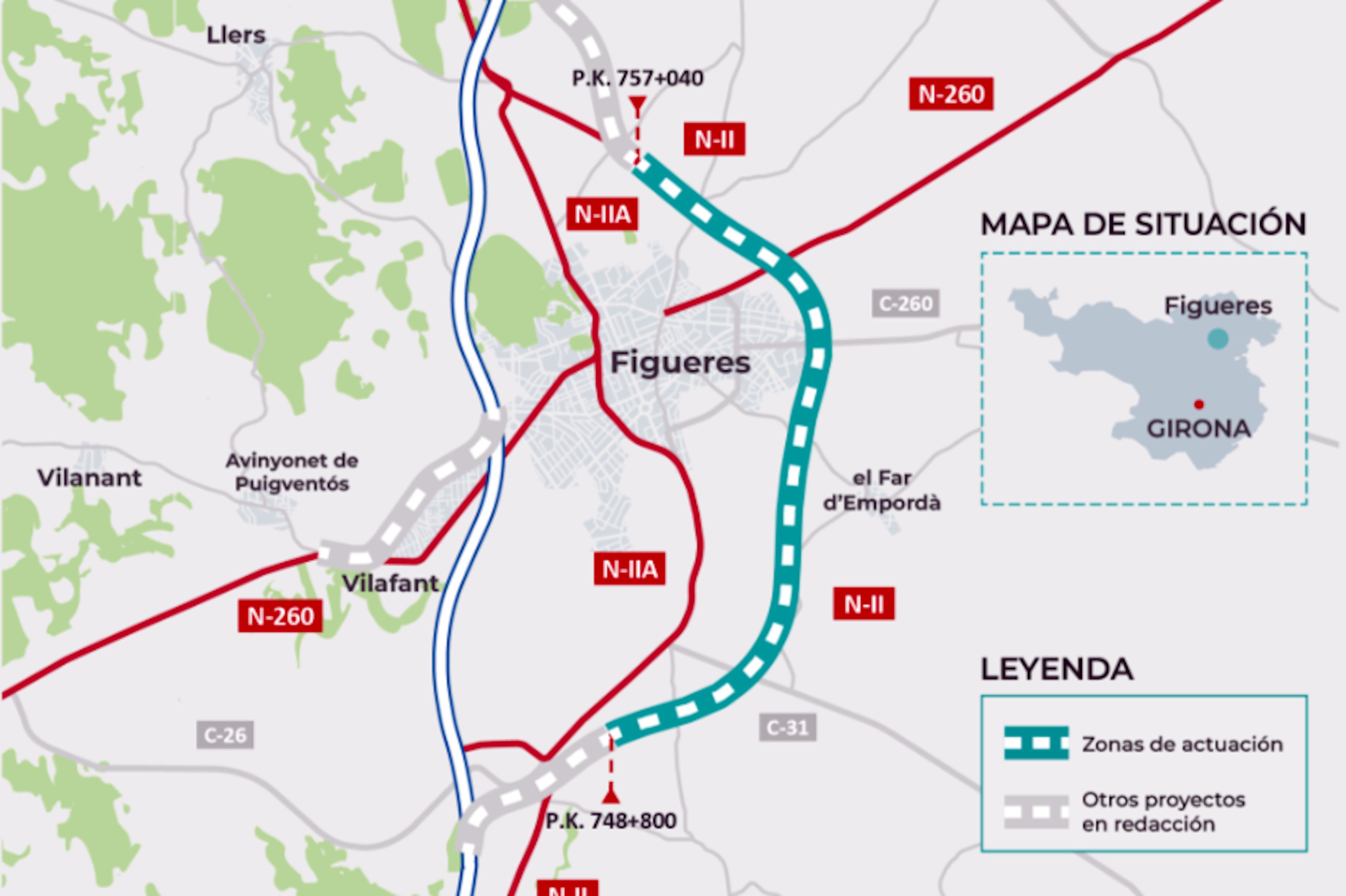 Plànol amb el traçat de la variant de Figueres que es duplicarà per guanyar dos carrils per sentit
