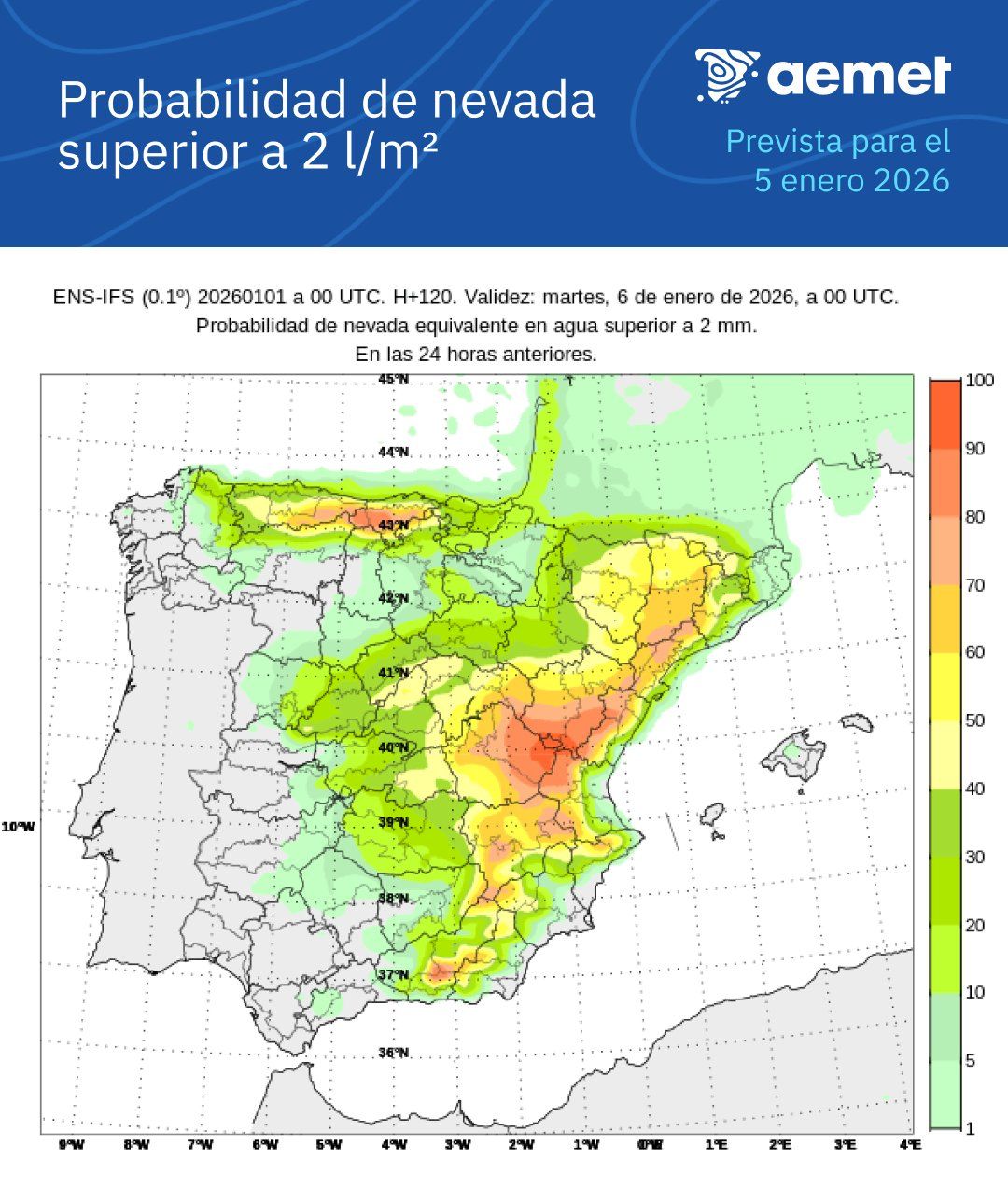 Mapa de probabilitat de neu superior als 2 litres per metre quadrat el dia 5 de gener