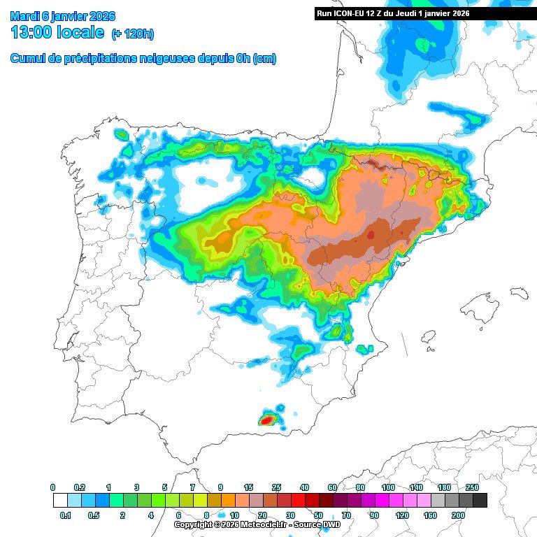 Mapa d'acumulació de neu fins al 6 de gener segons el model ICON