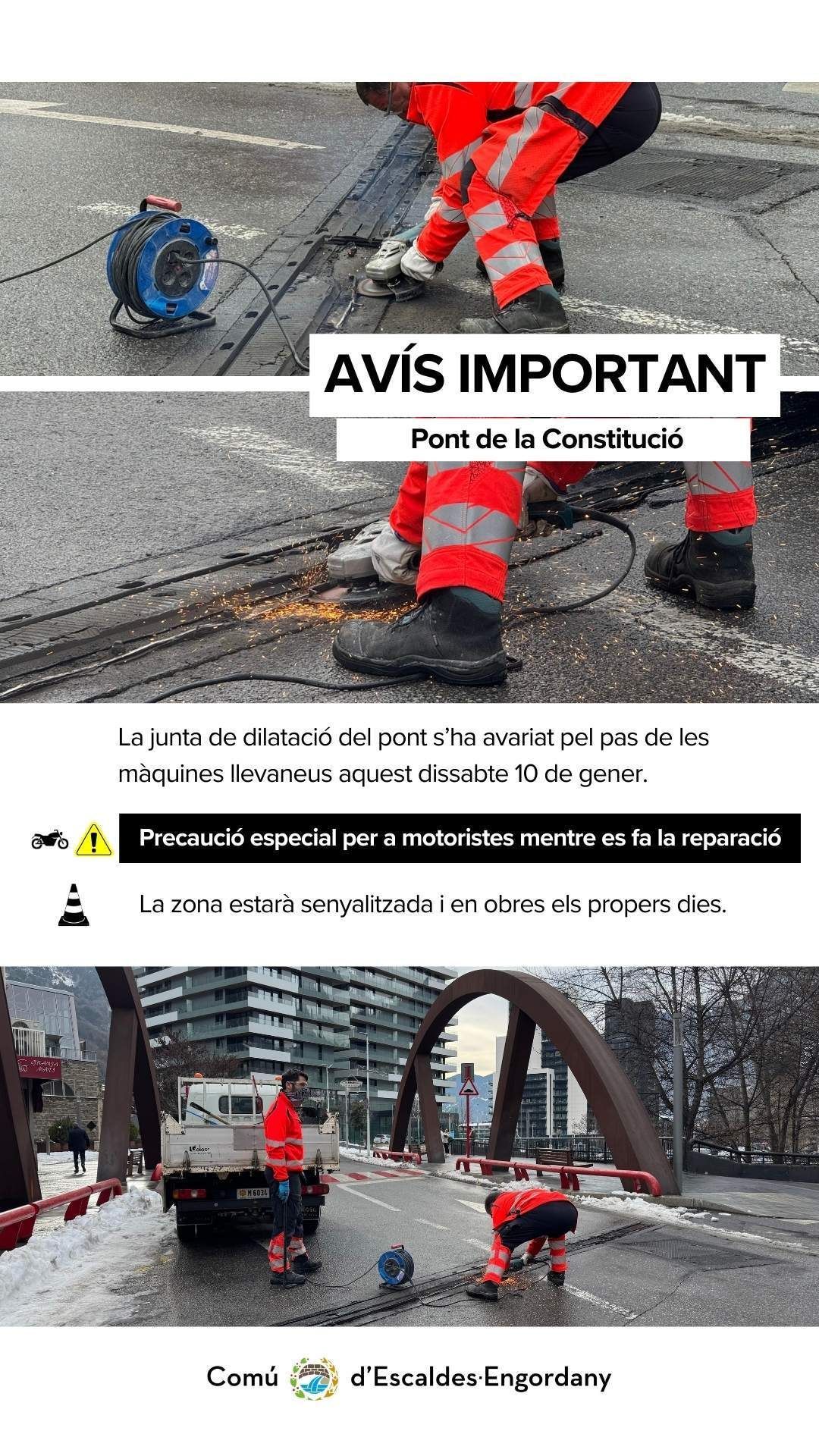 Escaldes Engordany alerta els motoristes per danys al pont de la Constitució1