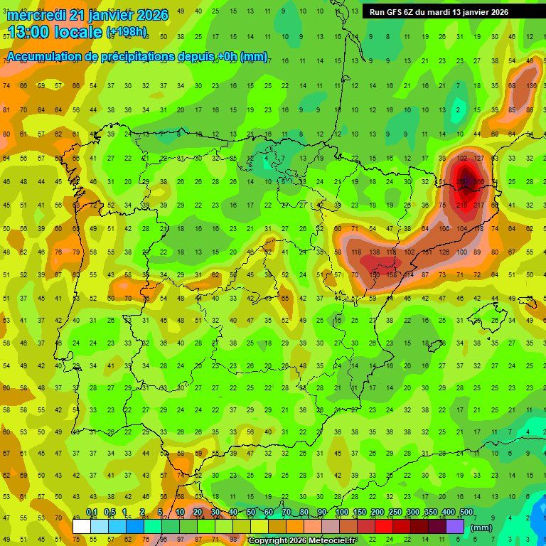 Mapa de precipitació acumulada fins al dimecres, 21 de gener, segons el model GFS