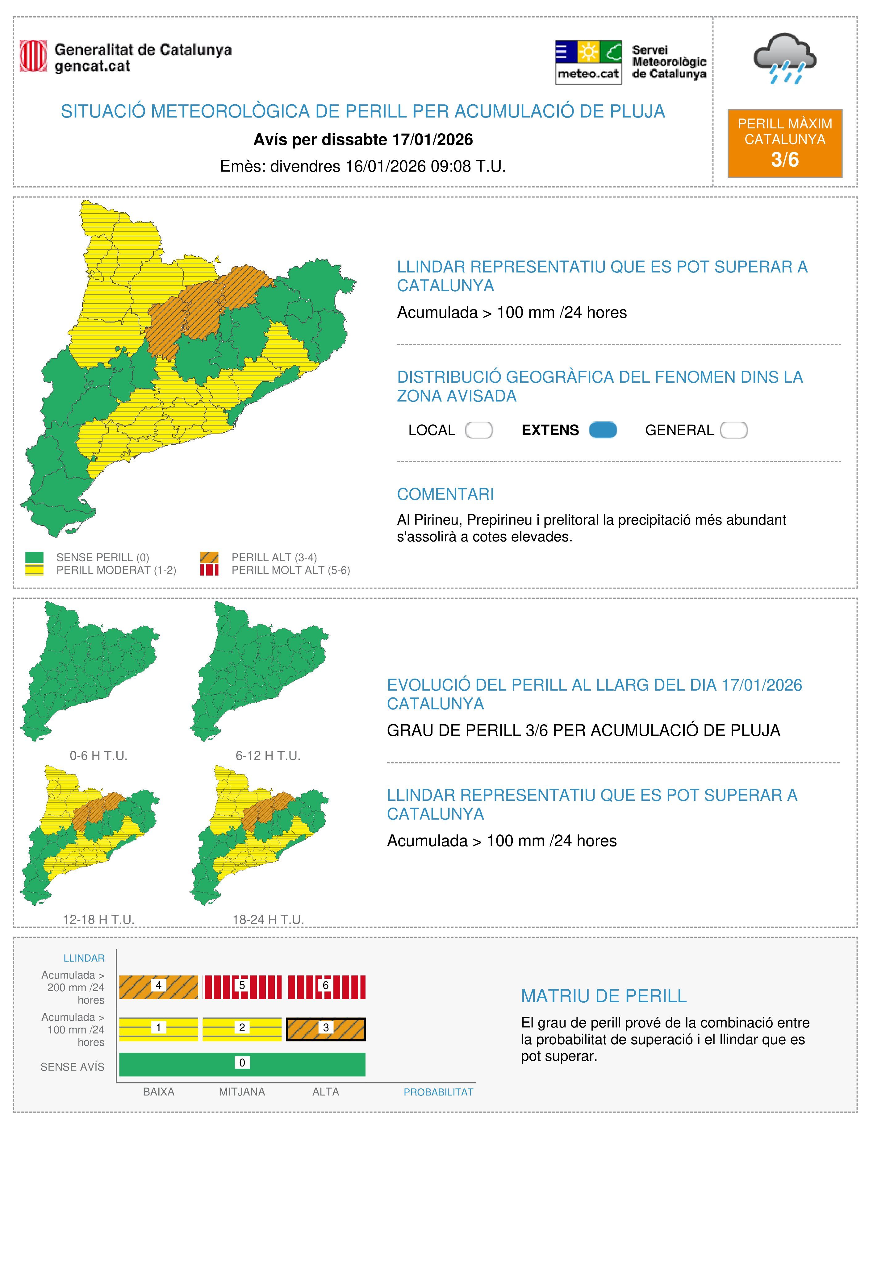 Avisos per acumulació de pluja el dissabte 17 de gener a Catalunya