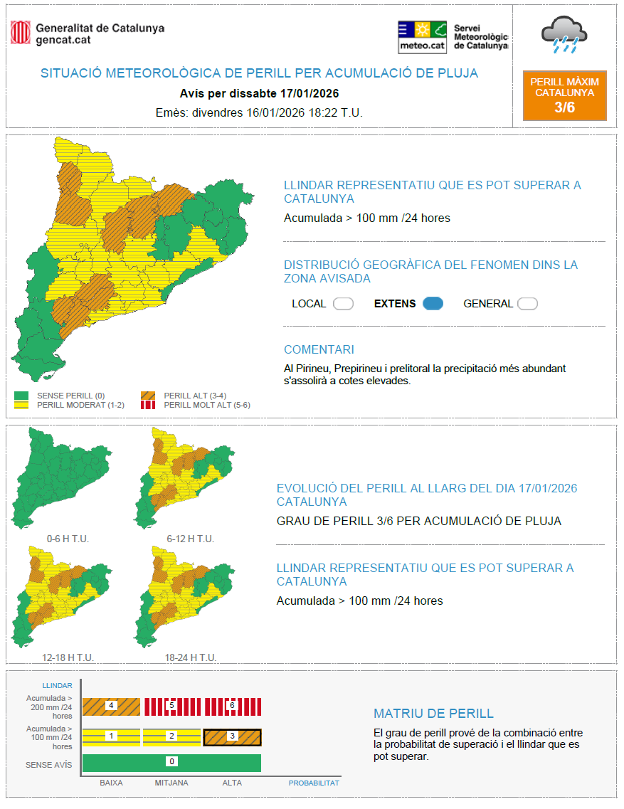 Avisos per intensitat de pluja el dissabte 17 de gener