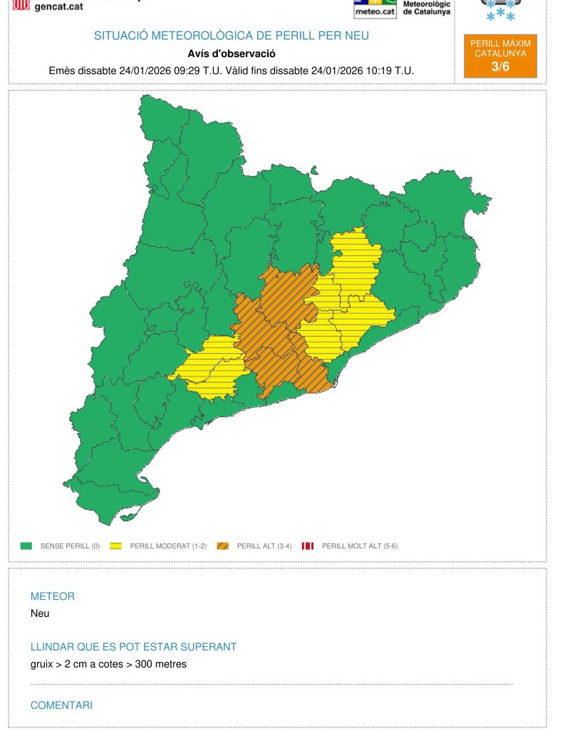 Avís d'observació de perill per neu el 24 de gener 2026