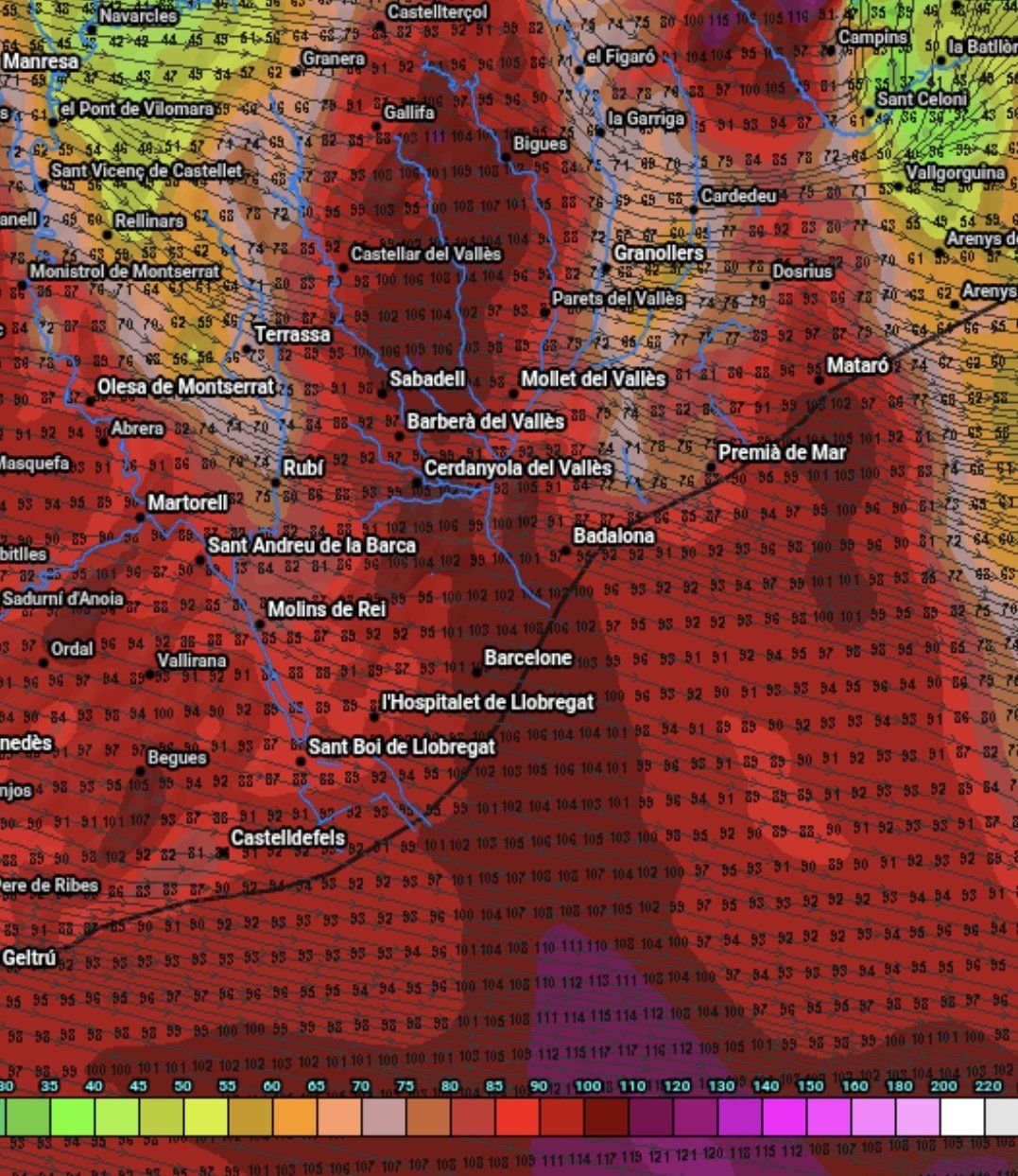 Mapa de ventades el dijous 12 de febrer