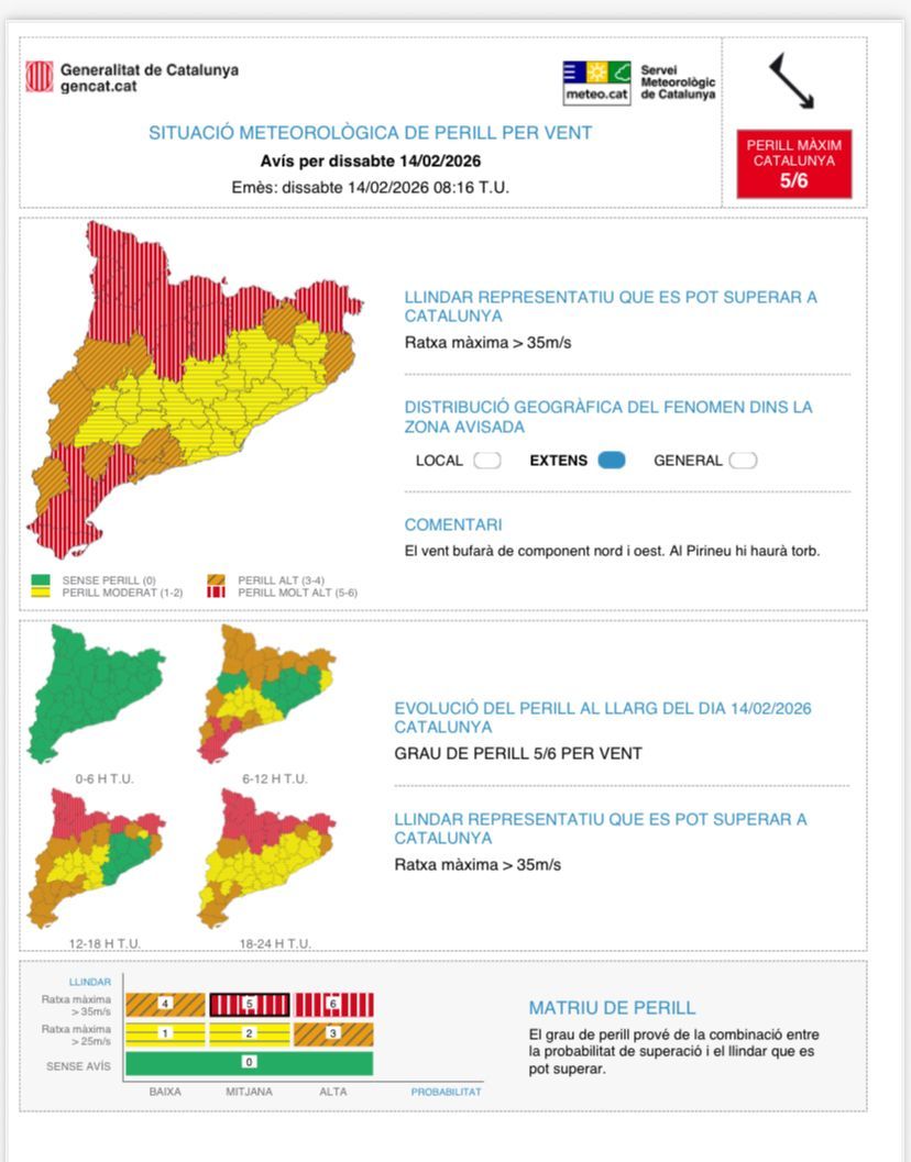 Avís per vent dissabte 14 de febrer