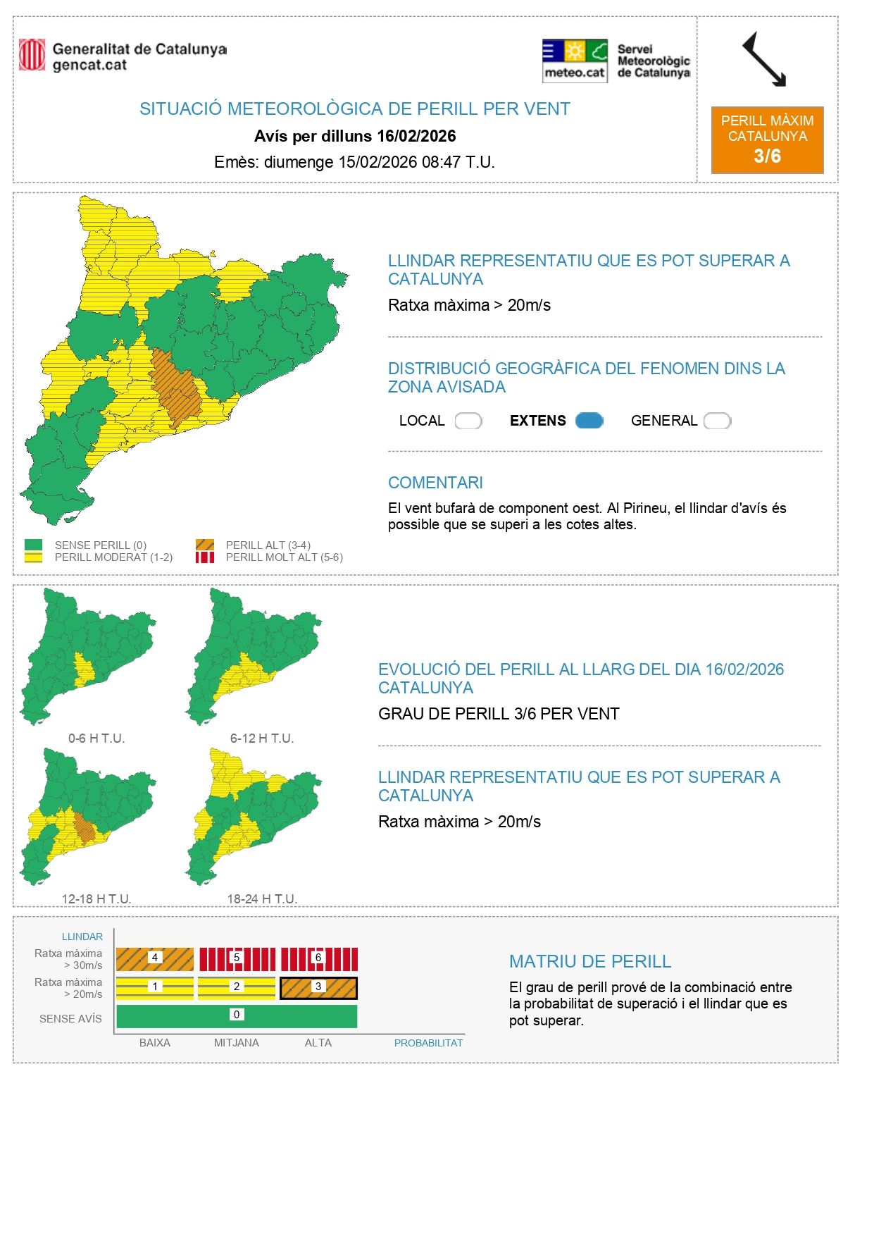 Avisos per vent el 16 de febrer