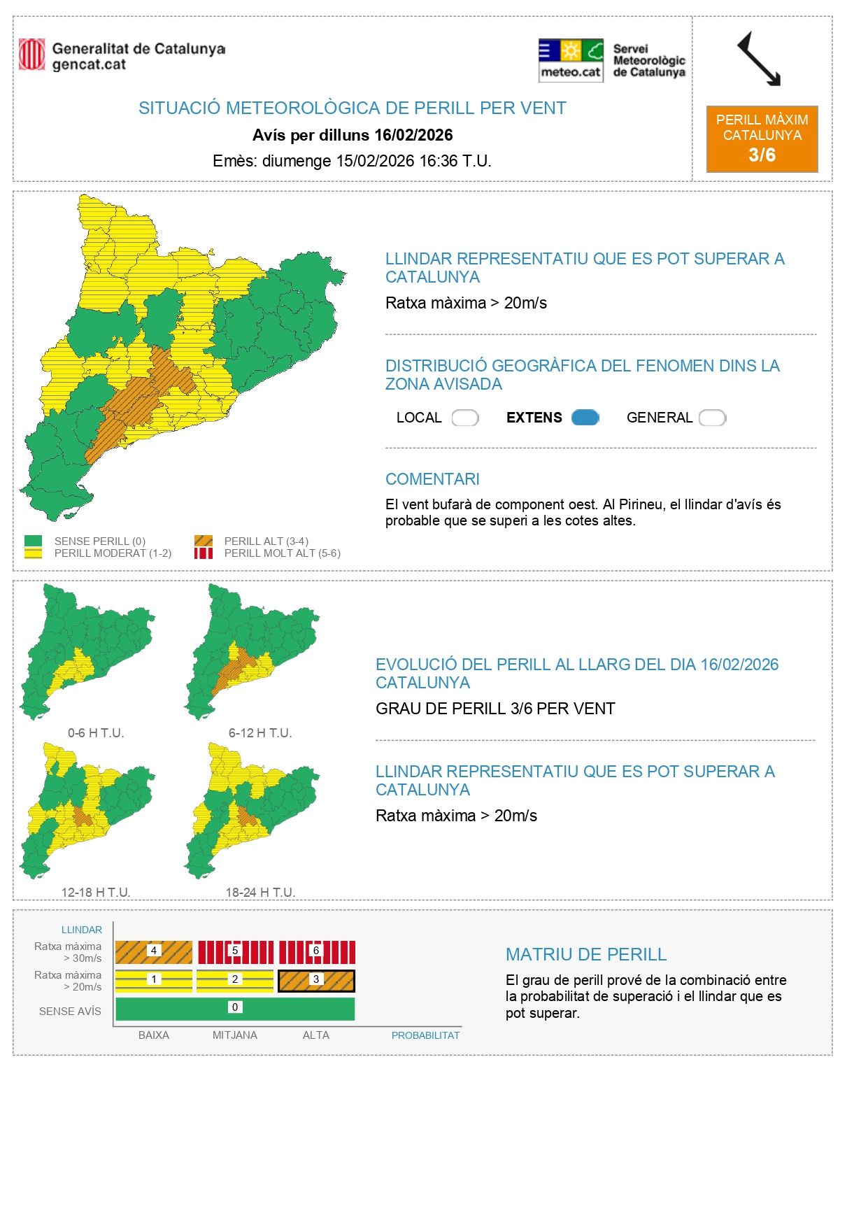 Avisos per fort vent dilluns 16 de febrer