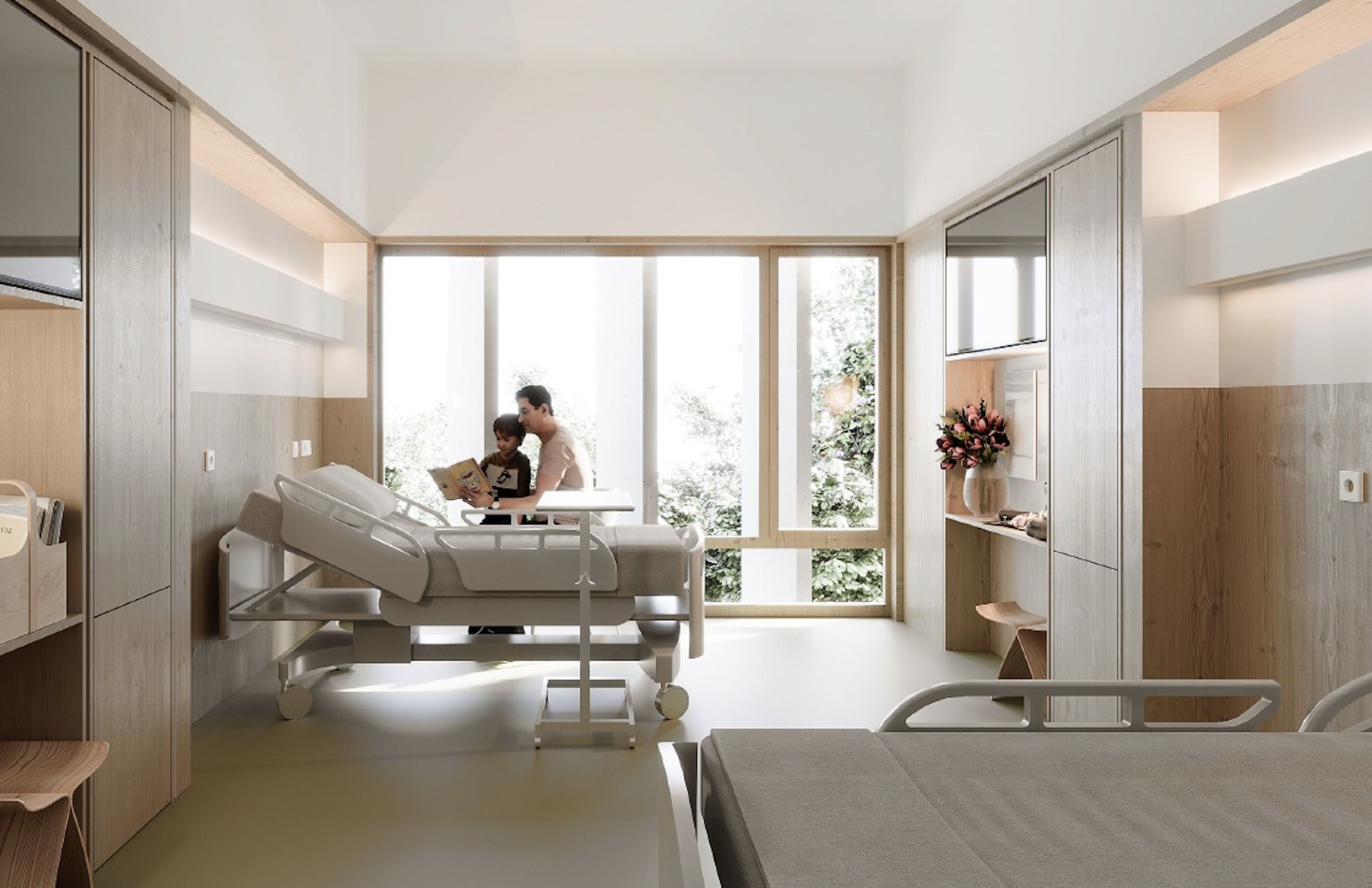 Recreació en 3D d'una habitació al futur Campus de Salut de la regió sanitària de Girona