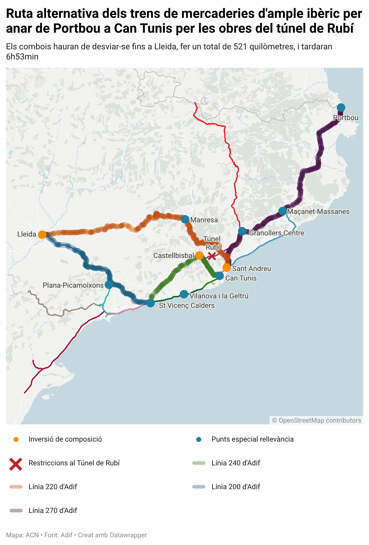 Mapa de la ruta alternativa dels trens de mercaderies d'ample ibèric per anar de Portbou a Can Tunis per les obres del túnel de Rubí