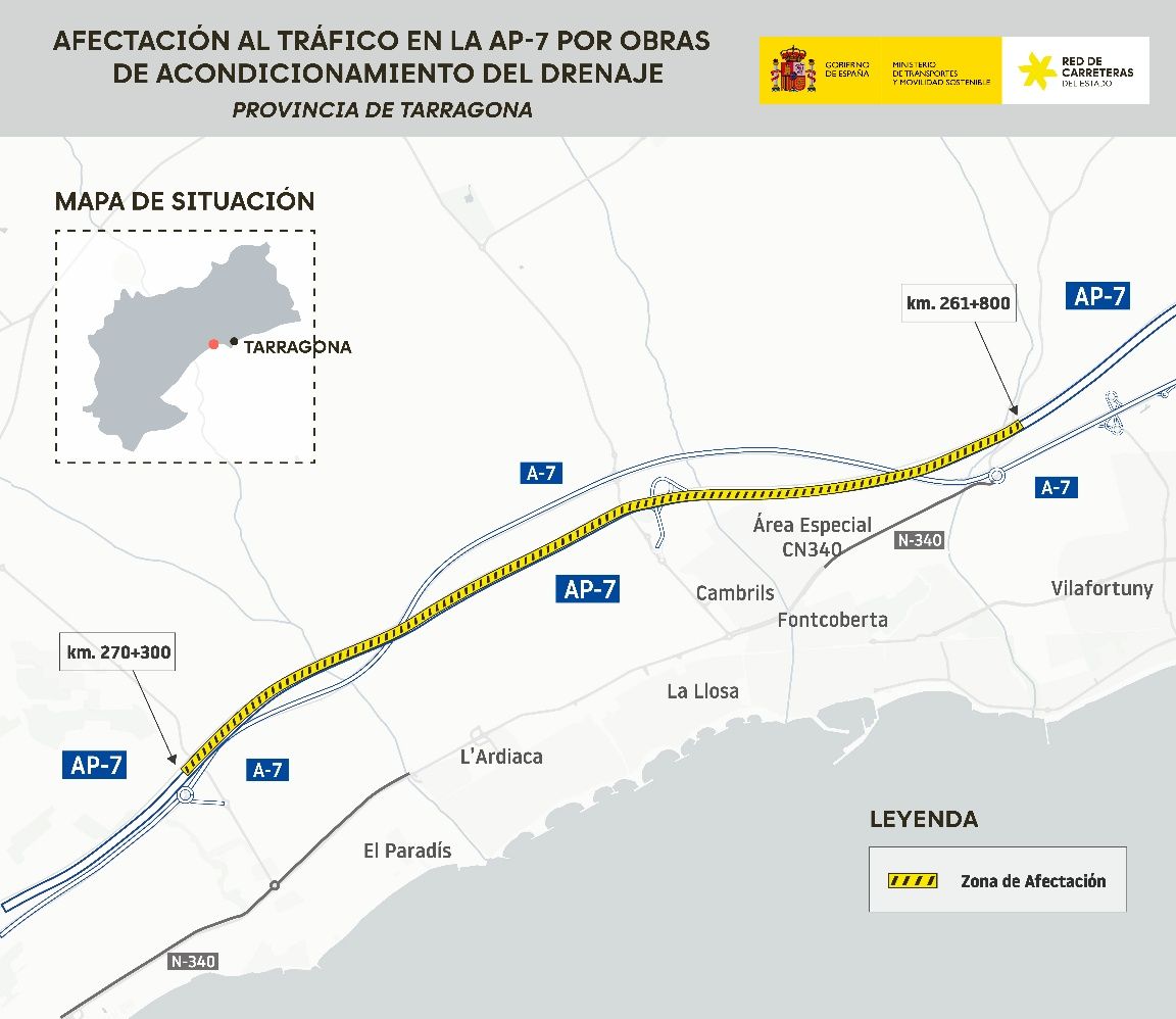 Tallat un carril de l'AP 7 durant dos mesos per obres a Cambrils
