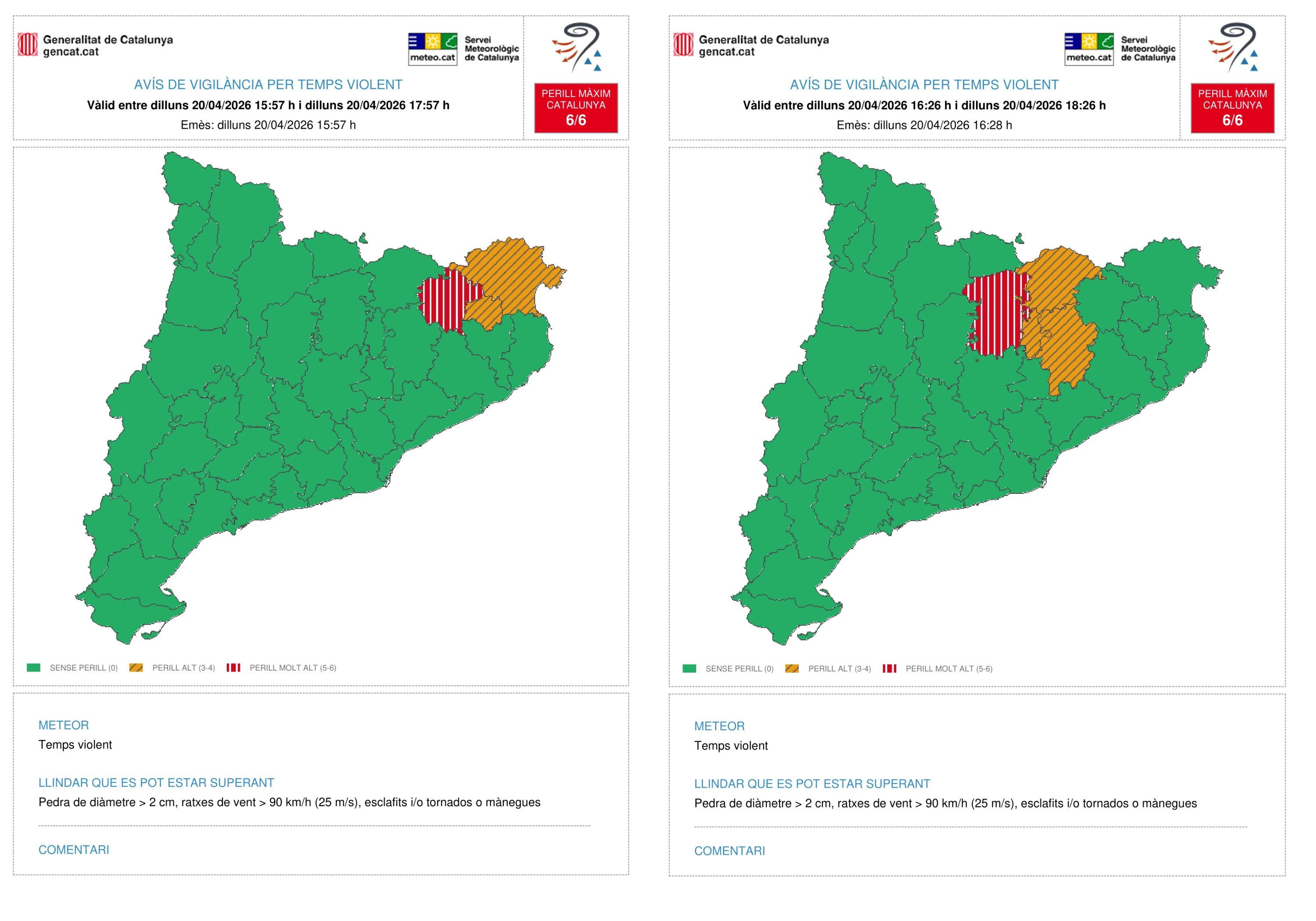 Mapes d'aivsos per temps violent a Catalunya el 20 d'abril del 2026