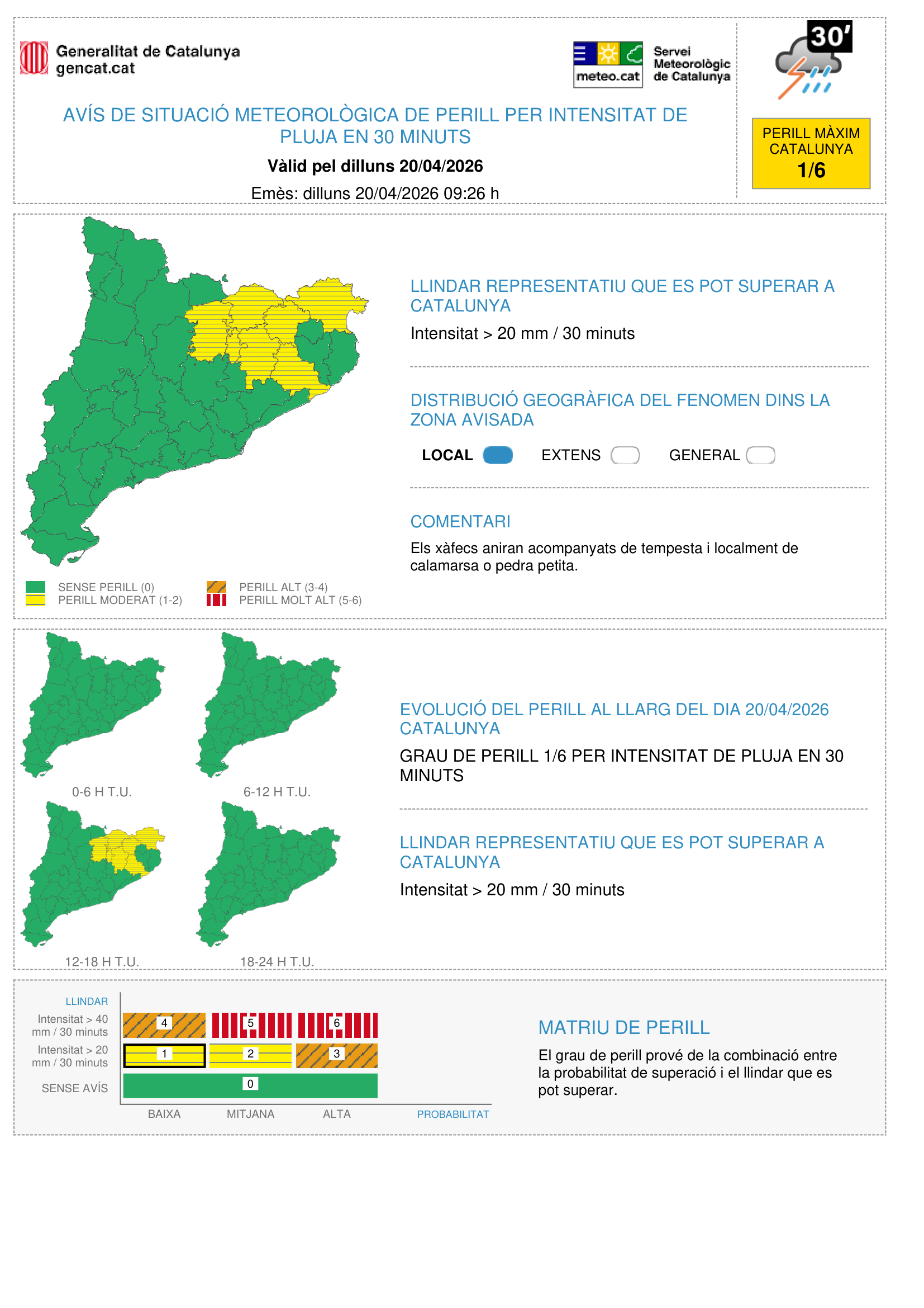 Mapa d'avisos per intensitat de pluja el 20 d'abril del 2026
