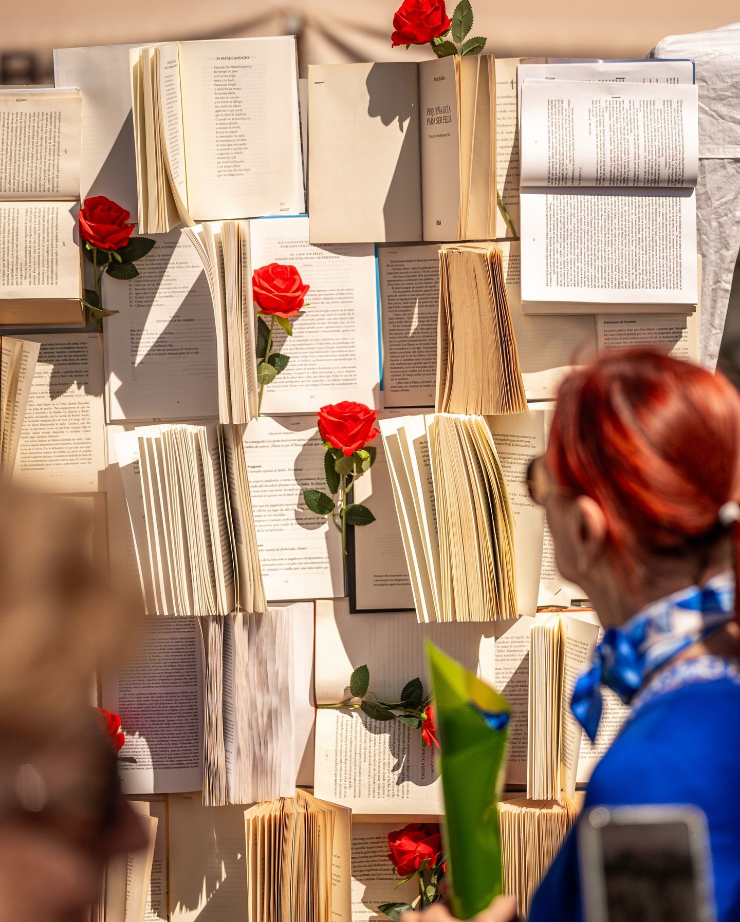 Mural de llibres i roses de Sant Jordi