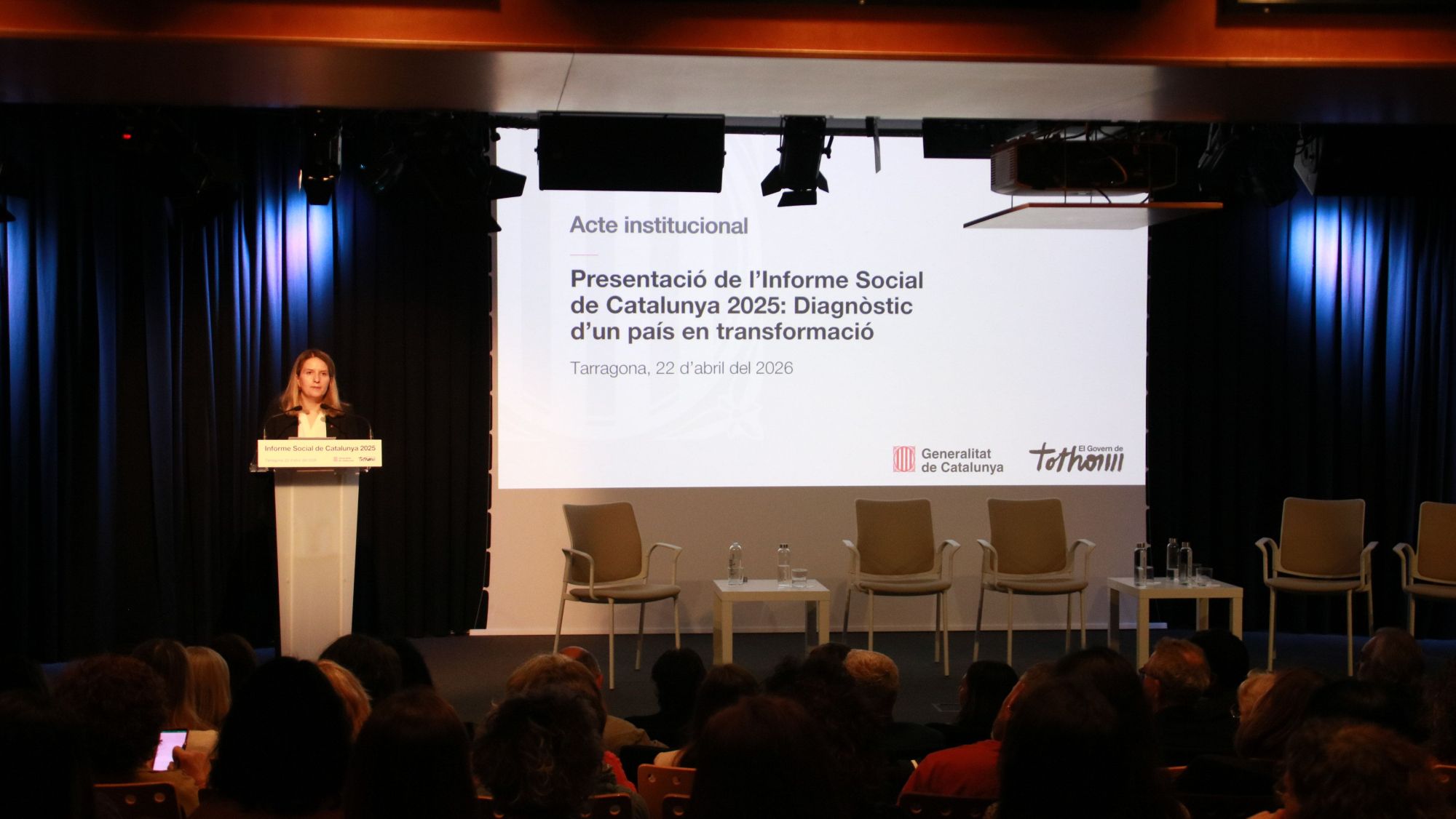 La consellera de Drets Socials i Inclusió, Mònica Martínez Bravo, durant la seva intervenció en la presentació de l'Informe Social de Catalunya 2025 a Tarragona